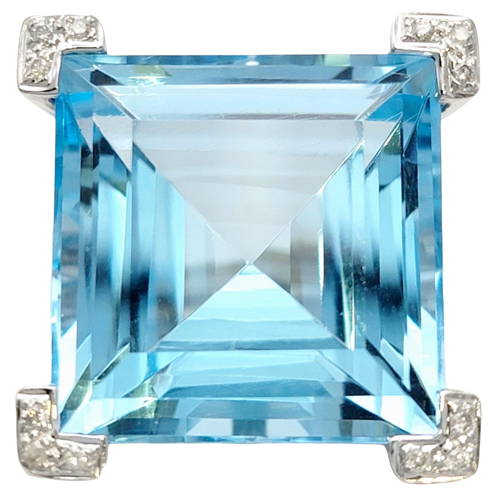 Tous 34.62 Carat Square Blue Topaz Cocktail Ring with Diamonds in 18 Karat Gold  For Sale