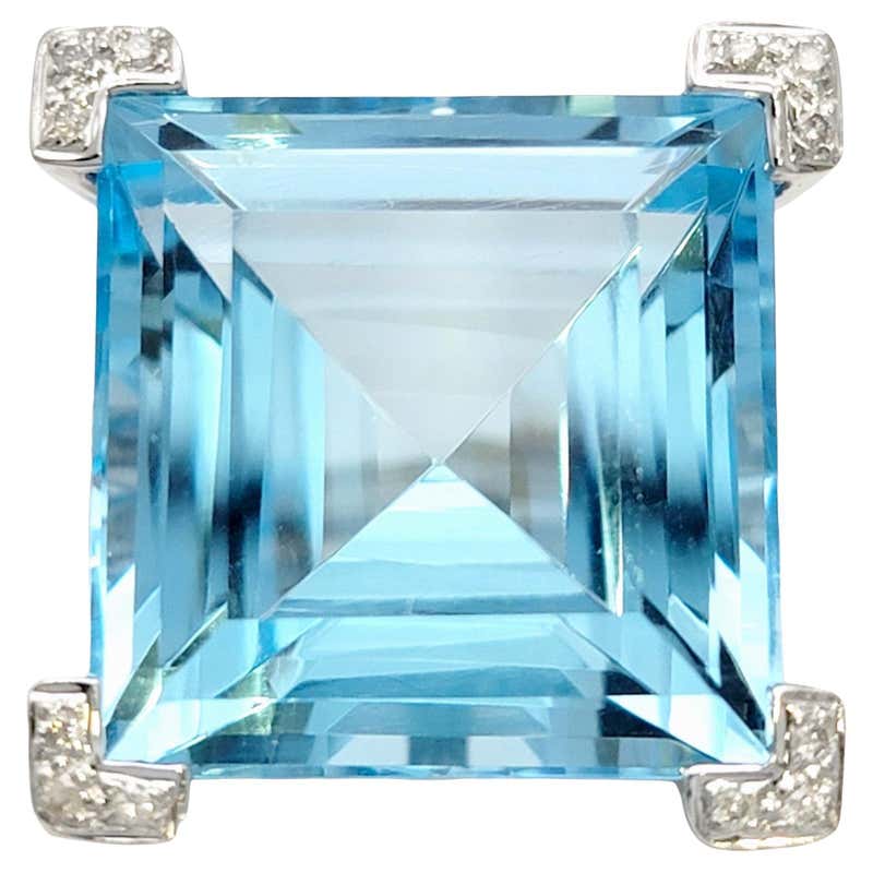 Square Blue Topaz and Pavé Diamond Cocktail Ring Set in 14 Karat White ...