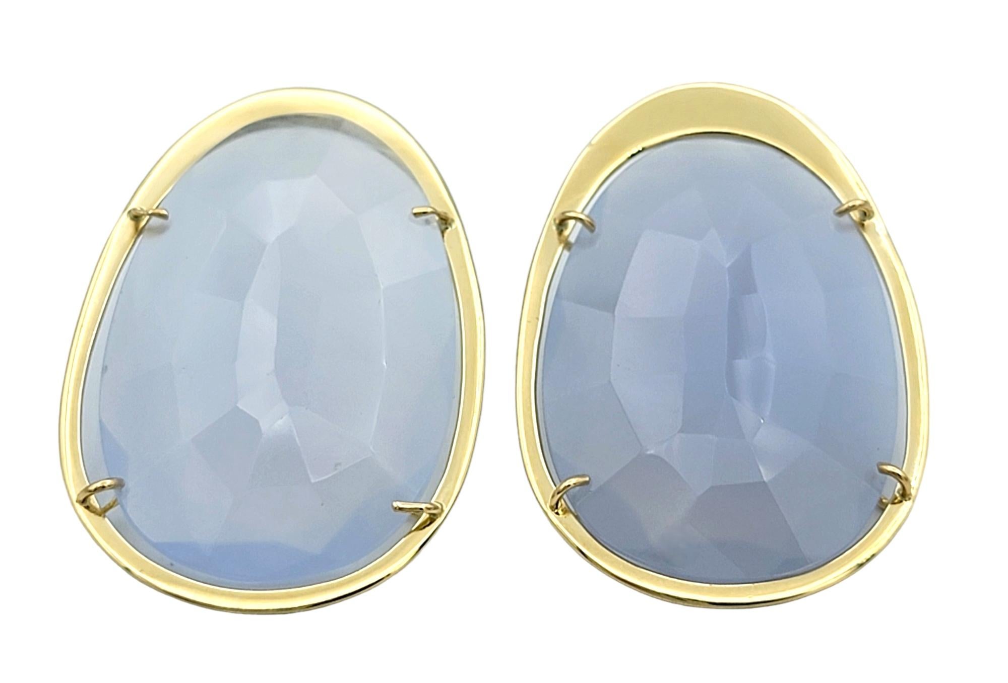 Contemporary Tous 46 Carat Total Faceted Oval Chalcedony Pierced Earrings in 18 Karat Gold For Sale