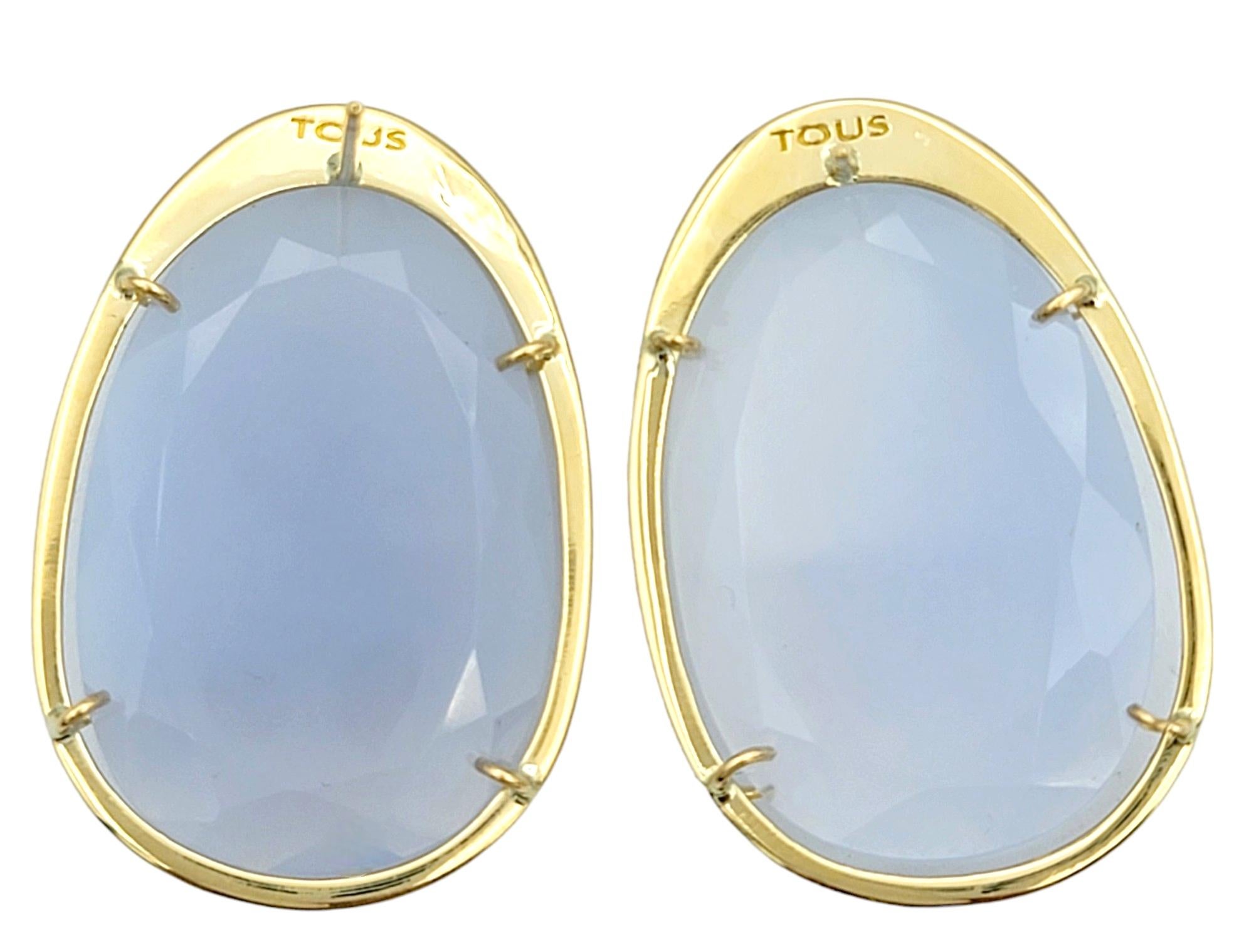 Oval Cut Tous 46 Carat Total Faceted Oval Chalcedony Pierced Earrings in 18 Karat Gold For Sale