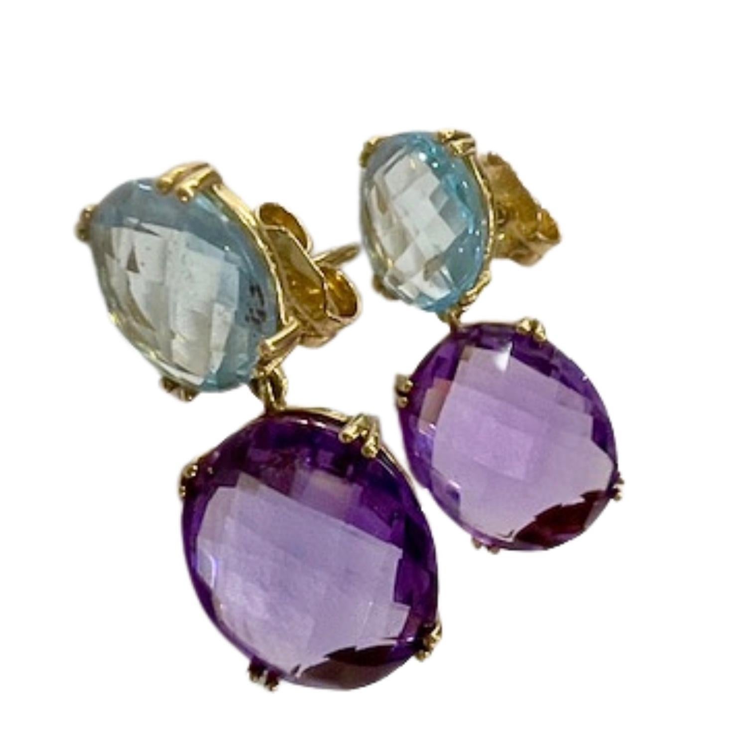 Oval Cut TOUS Modern Design with 4 ct Amethyst & 2 ct Aquamarine 18k Gold Earrings For Sale