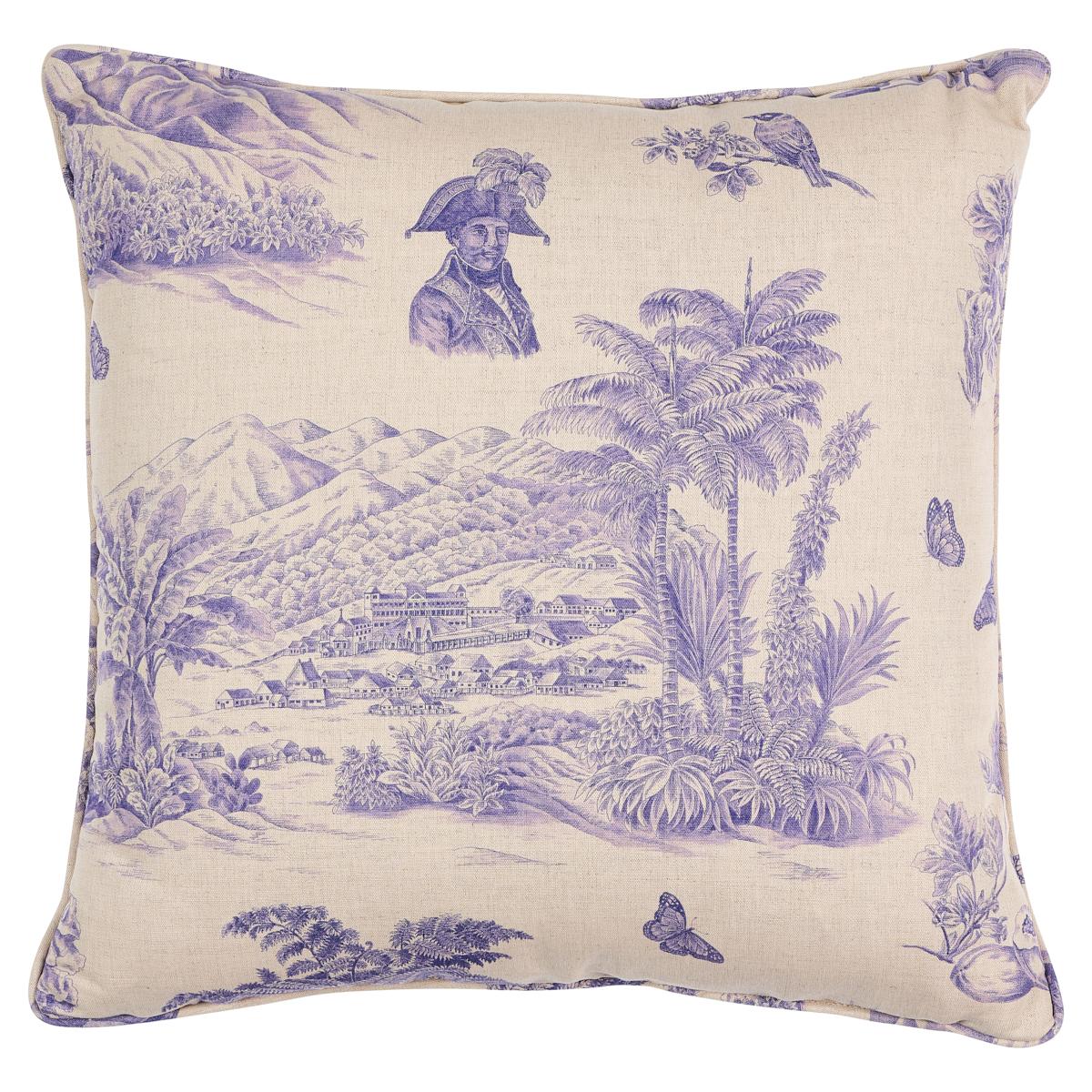 This pillow features Toussaint Toile by Victor Glemaud for Schumacher. Created in collaboration with Haitian American fashion designer Victor Glemaud, Toussaint Toile in purple pays homage to the artist’s Caribbean heritage. Featuring historic