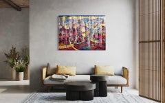 The road to Jerusalem colorful acrylic painting, gold abstract in red and pink