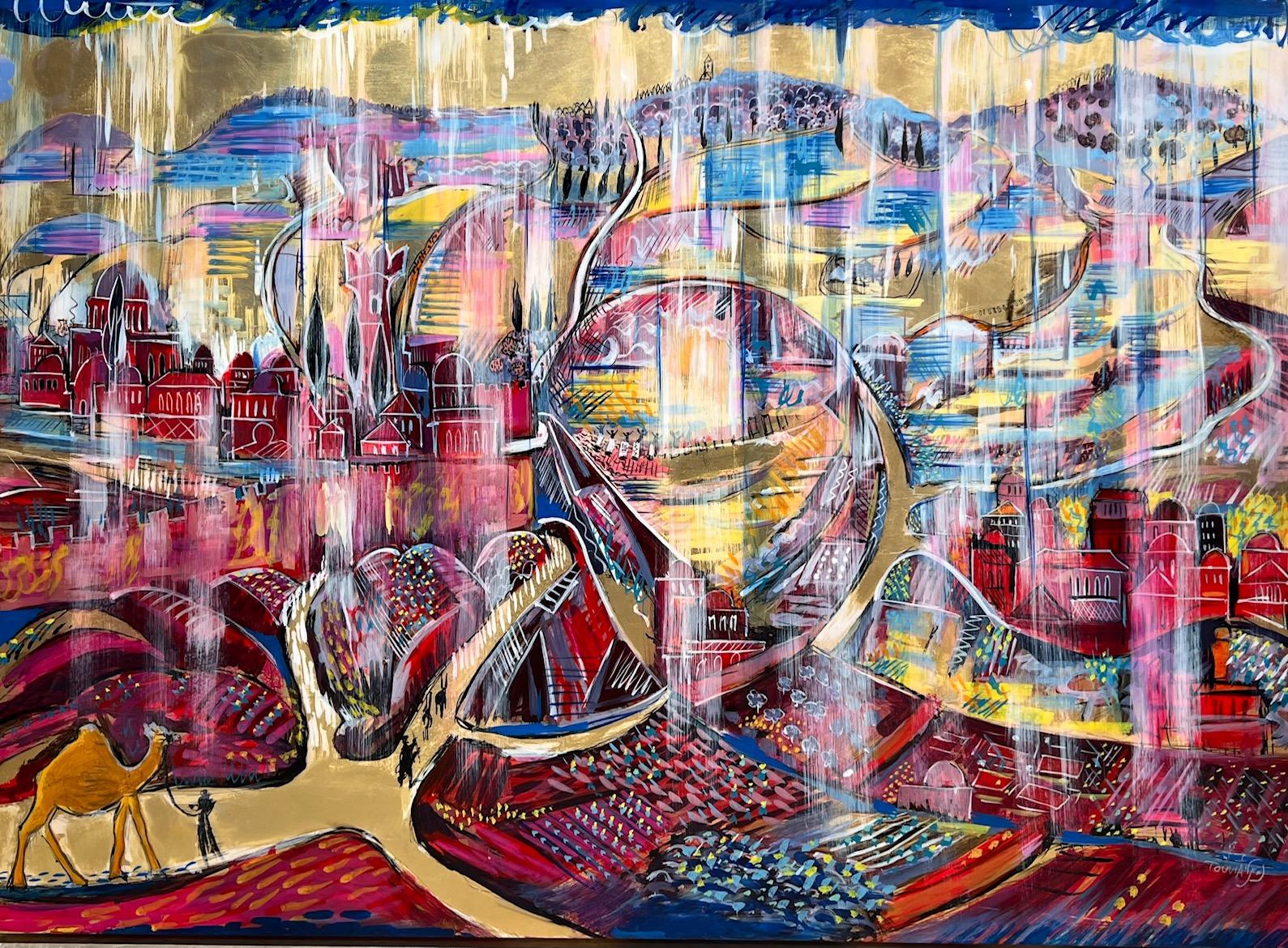The road to Jerusalem colorful acrylic painting, gold abstract in red and pink