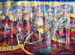 El camino a Jerusalén colorido cuadro acrílico, abstracto dorado en rojo y rosa