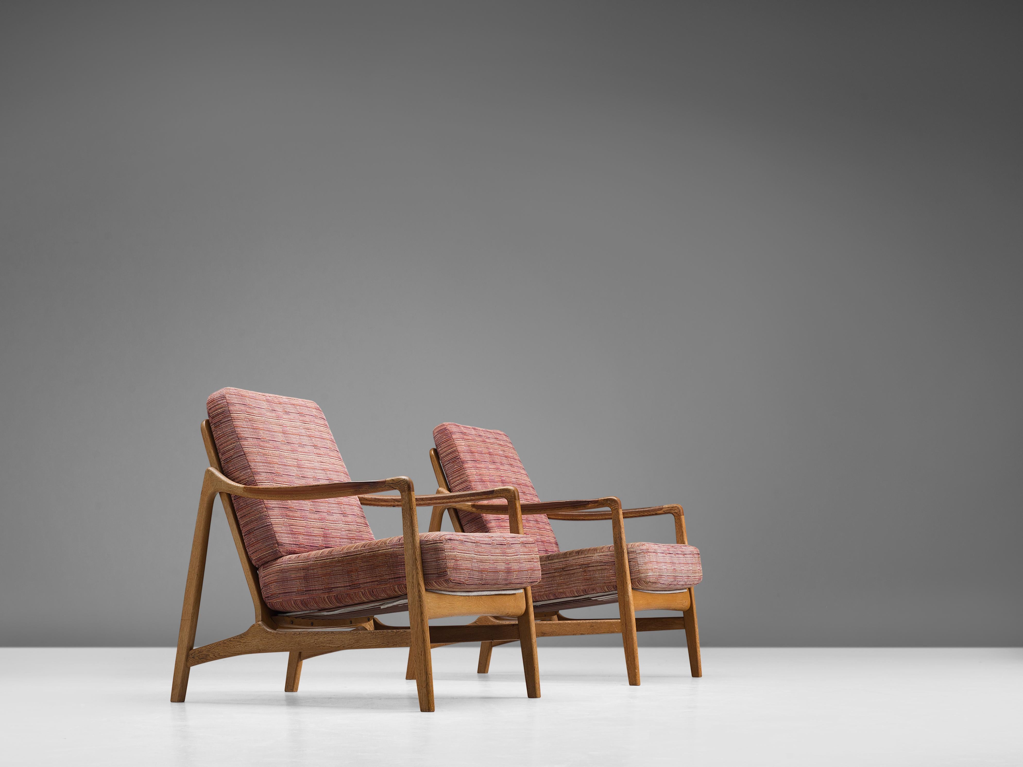 Danish Tove and Edvard Kindt-Larsen Pair of Oak Lounge Chairs with Teak Armrests