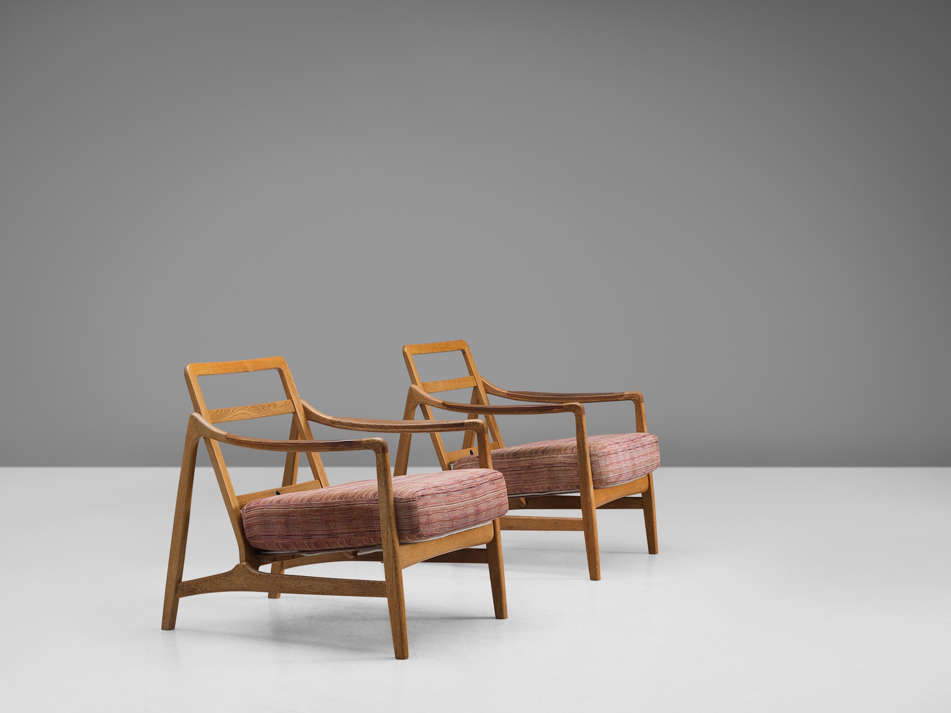 Mid-20th Century Tove and Edvard Kindt-Larsen Pair of Oak Lounge Chairs with Teak Armrests