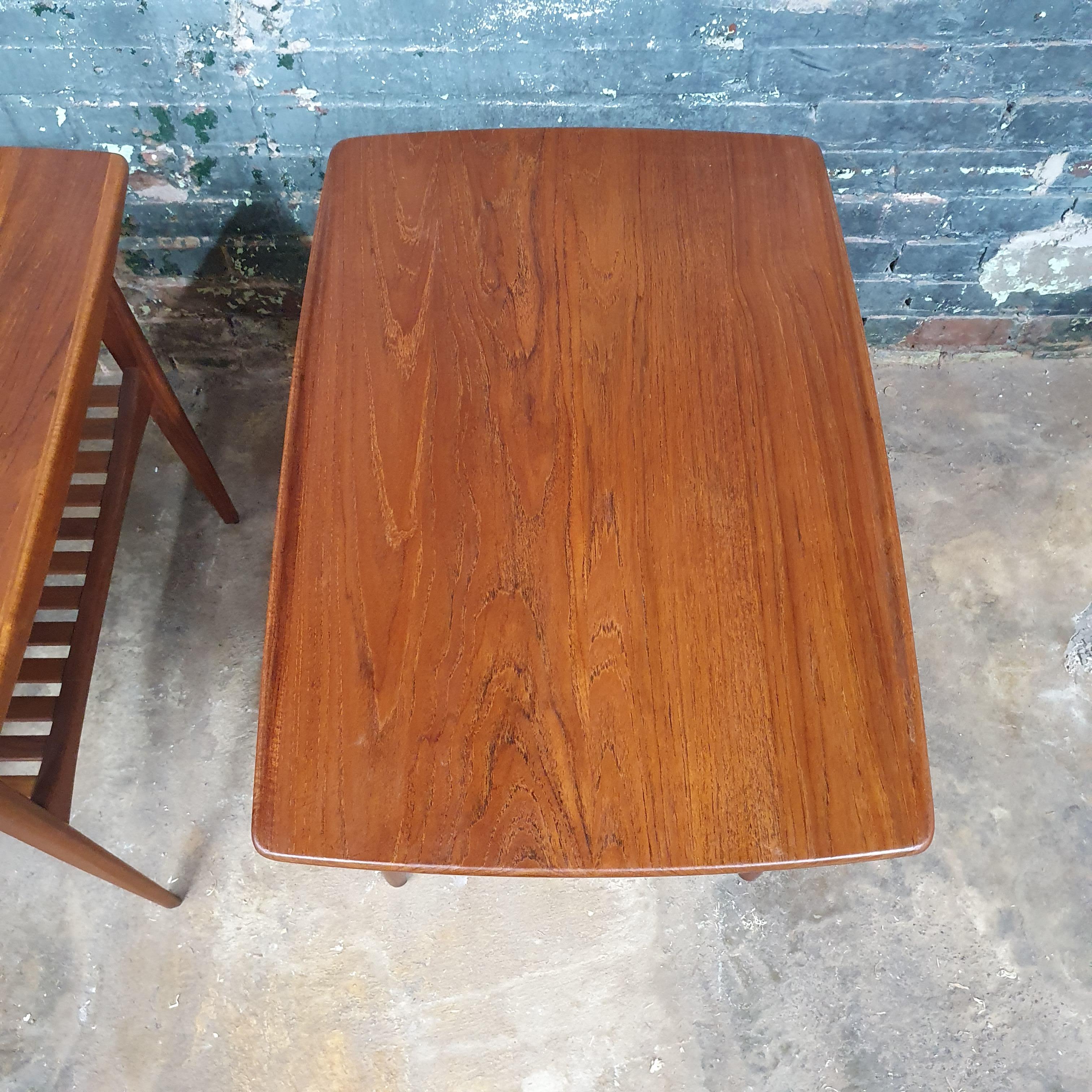 Beautiful pair of solid teak side tables by Tove & Edvard Kindt-Larsen for France & Son. Sculpted lip sides, tapered legs and slightly curved bottom shelf. beautiful addition to any modern home. this design is a classic mid century design and a must