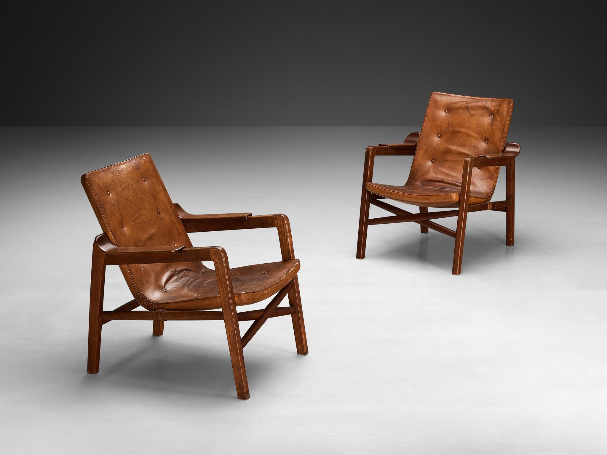 Tove & Edvard Kindt-Larsen Pair of 'Fireside' Armchairs in Original Leather  In Good Condition For Sale In Waalwijk, NL