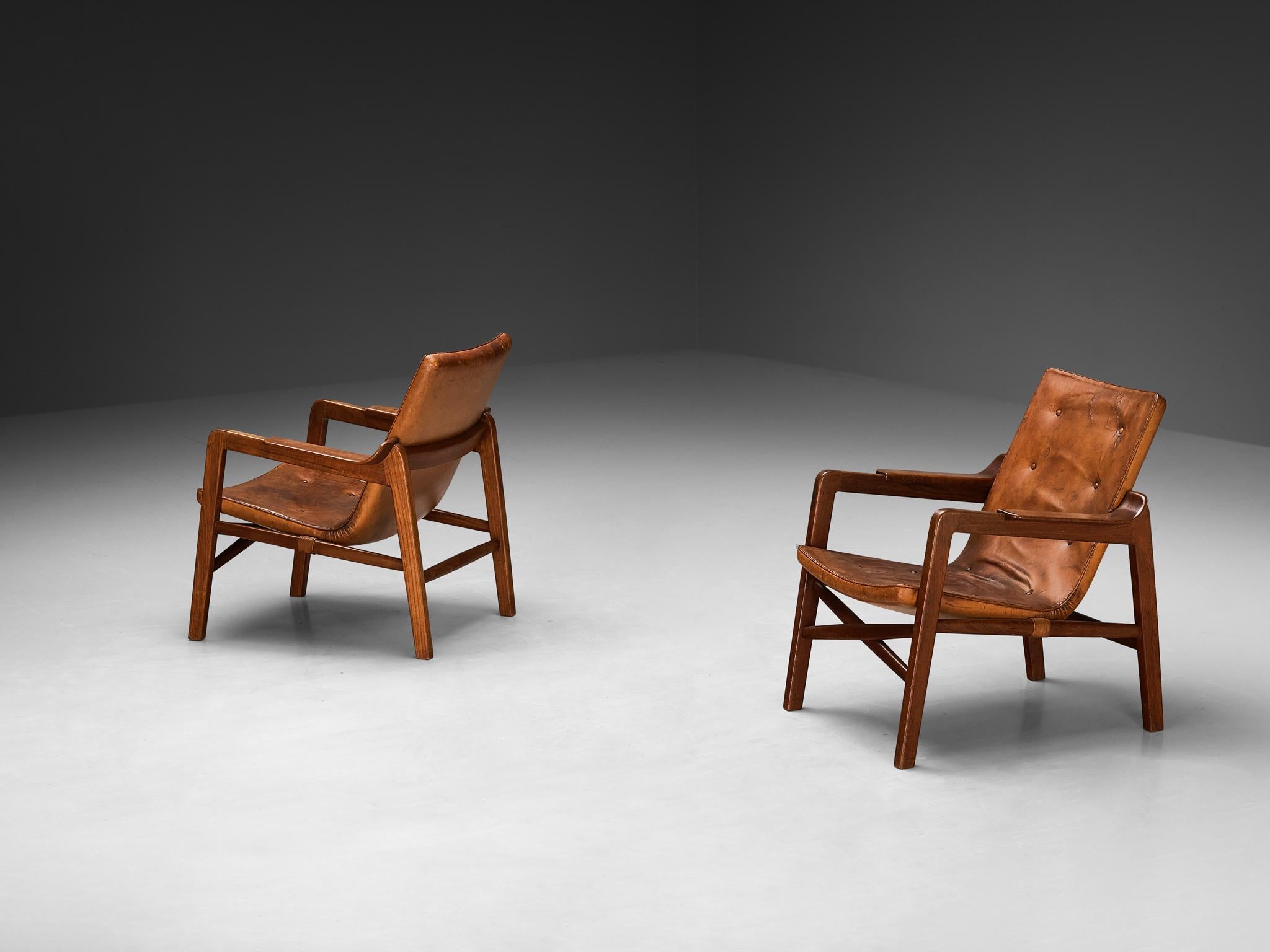 Tove & Edvard Kindt-Larsen Pair of 'Fireside' Armchairs in Original Leather  For Sale 2