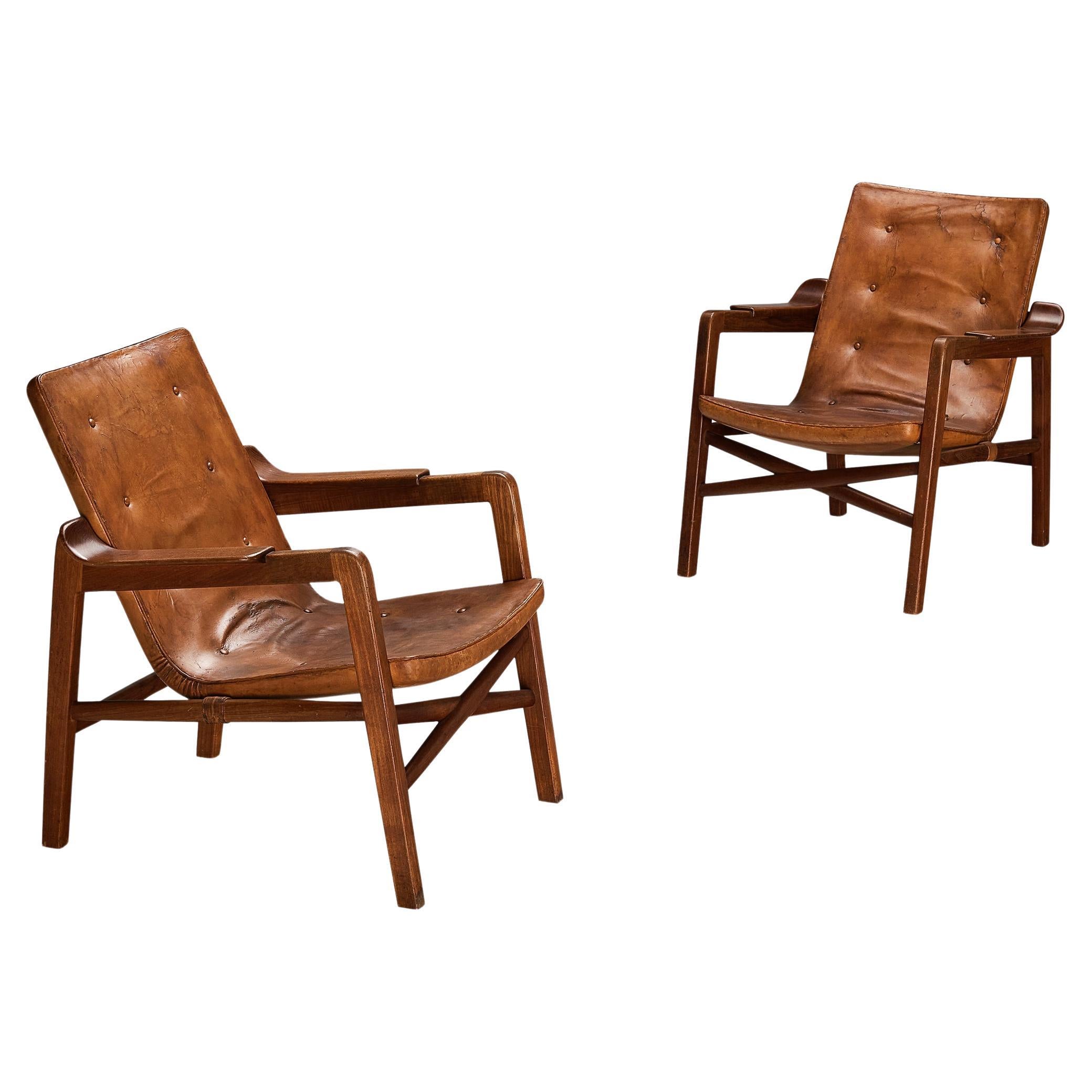 Tove & Edvard Kindt-Larsen Pair of 'Fireside' Armchairs in Original Leather  For Sale