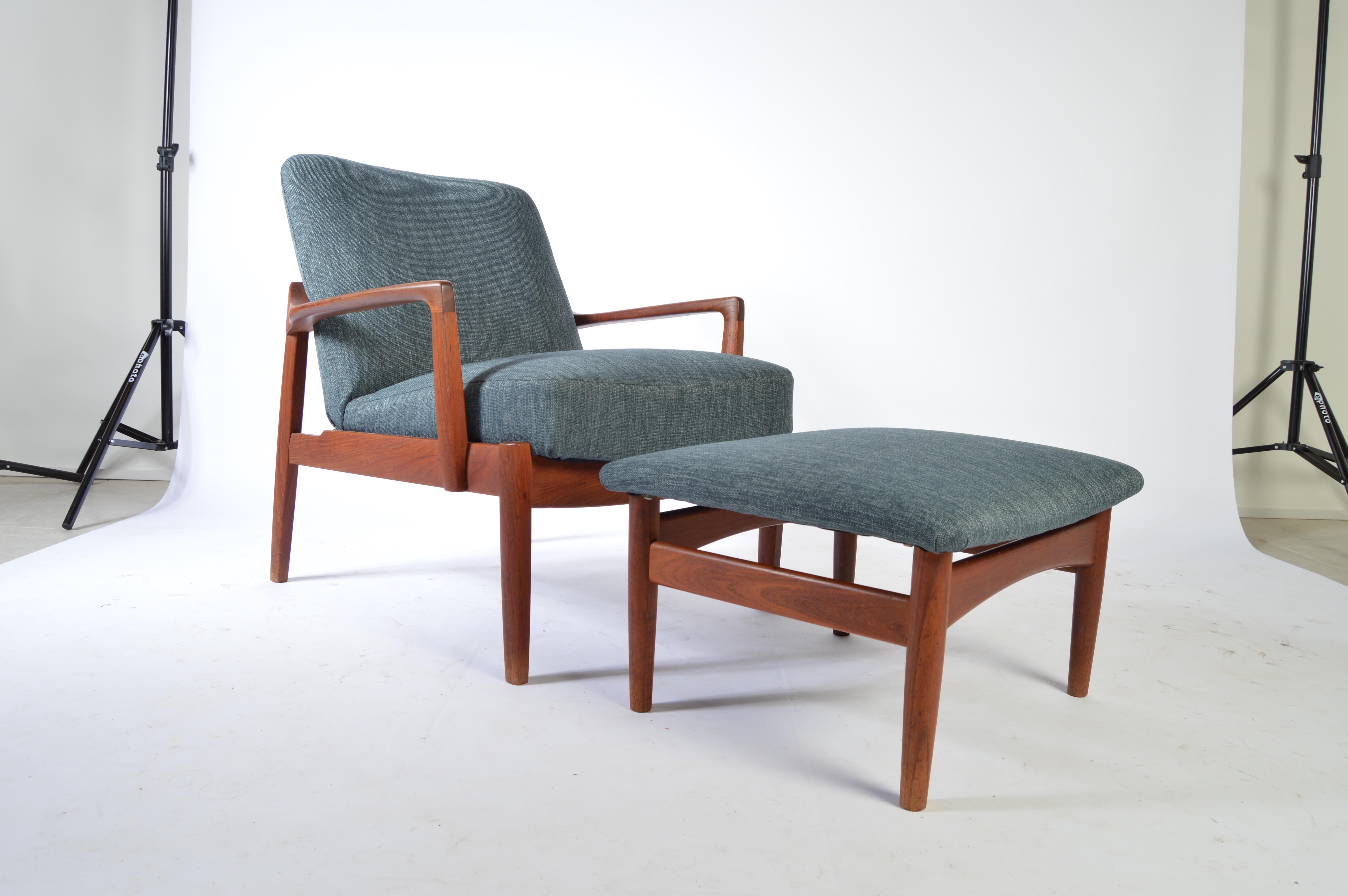 Beautifully designed Danish Easy chair and ottoman by Tove and Edvard Kindt-Larsen for France & Son Denmark. Beautifully executed in teak having the original upholstery. Upholstery shows signs of usage, reupholstery is recommended. Soft and