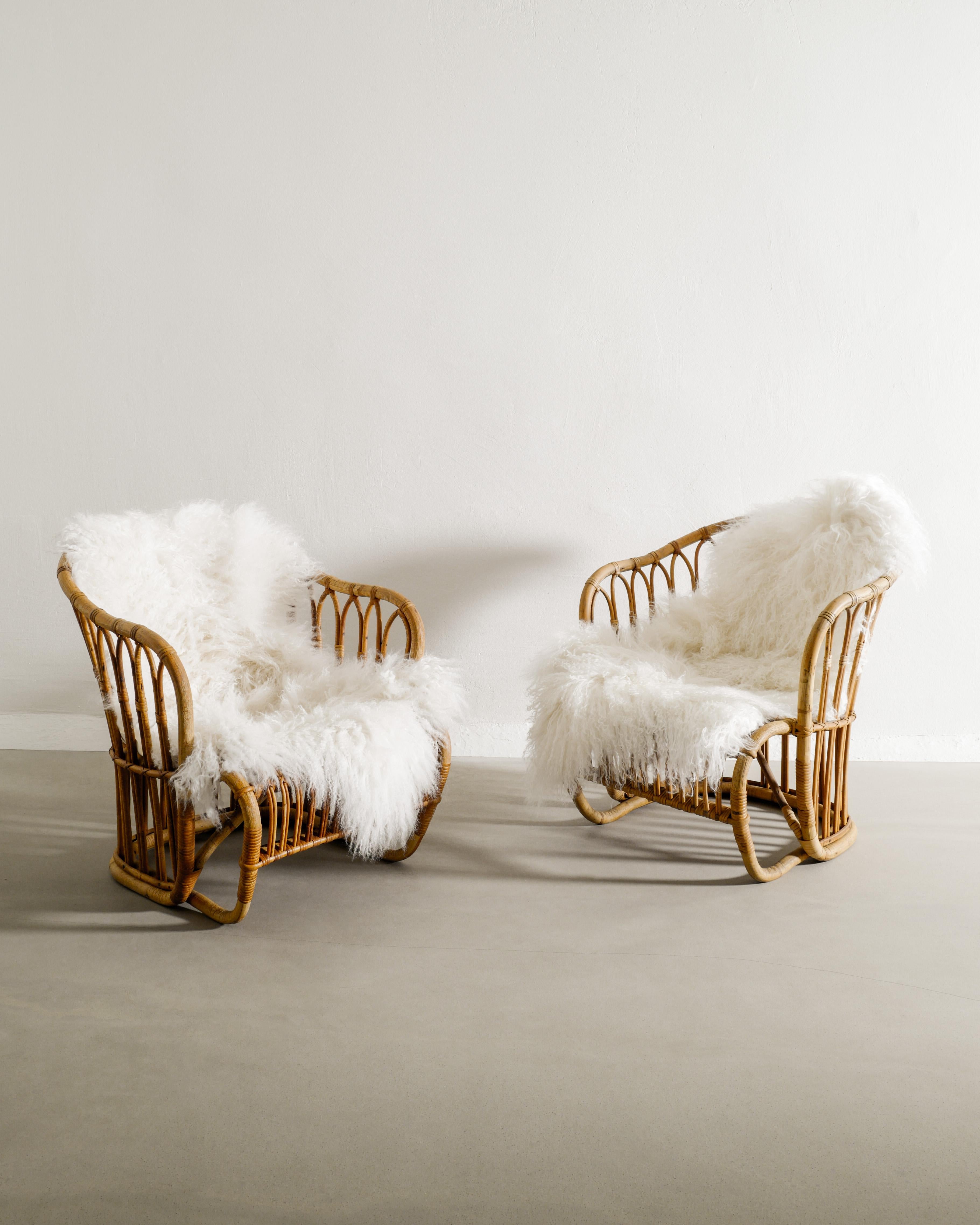 Scandinavian Modern Tove Kindt-Larsen Armchairs in Rattan & Sheepskin by R. Wengler Denmark, 1940s