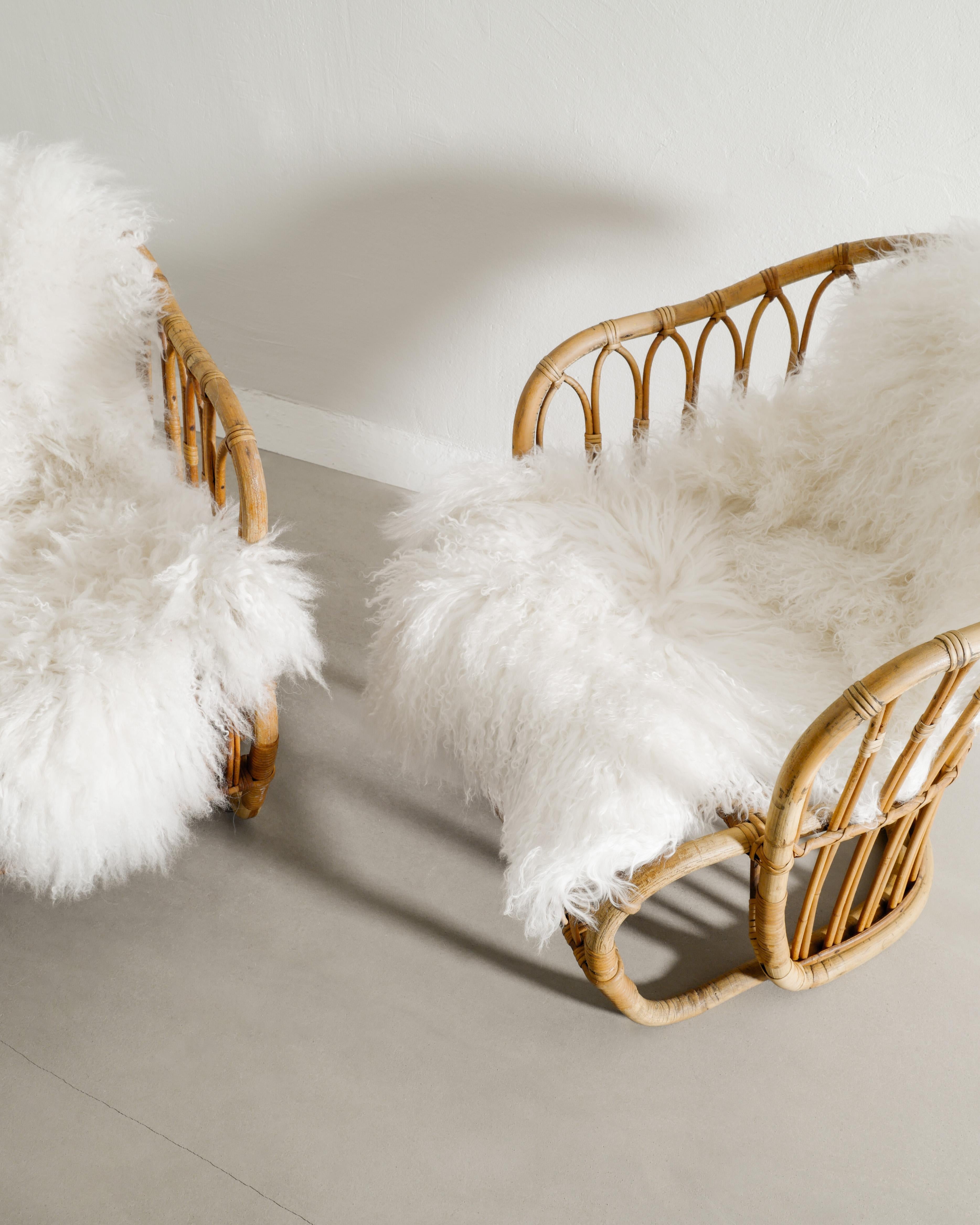 Danish Tove Kindt-Larsen Armchairs in Rattan & Sheepskin by R. Wengler Denmark, 1940s