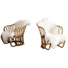 Tove Kindt-Larsen Armchairs in Rattan & Sheepskin by R. Wengler Denmark, 1940s