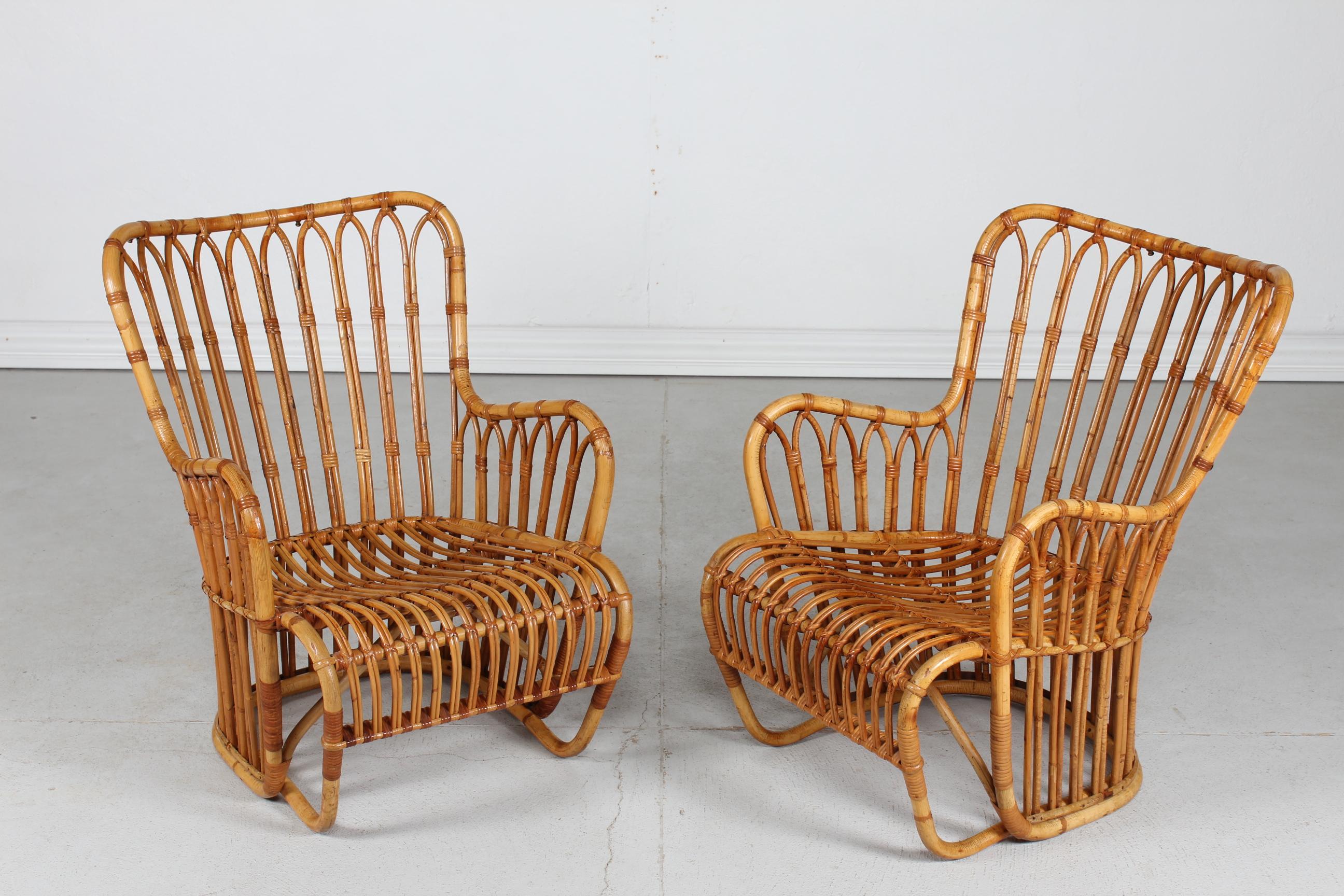 Tove Kindt-Larsen Pair R. Wengler Bamboo Lounge Chairs Denmark Launched 1937 For Sale 4