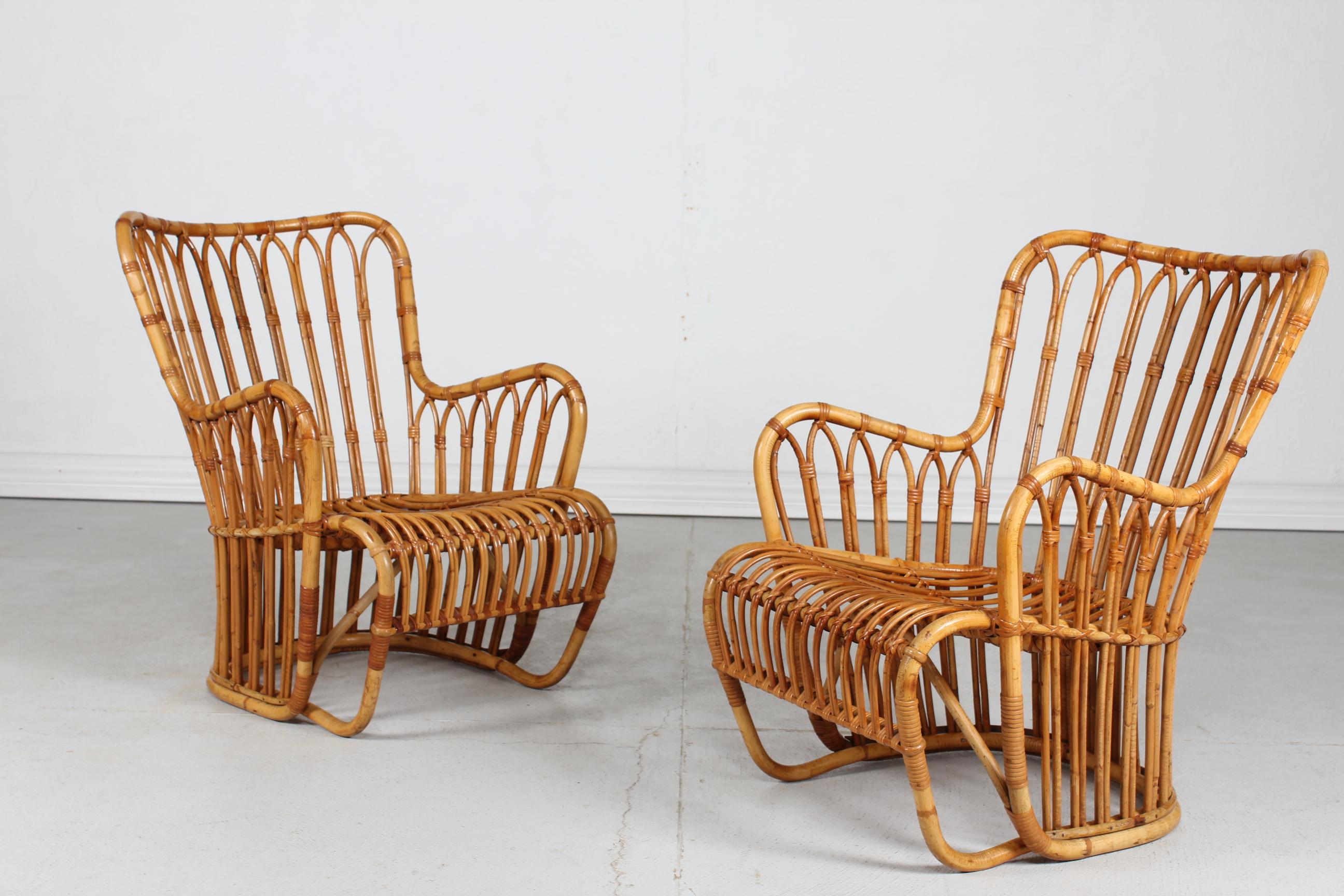 Tove Kindt-Larsen Pair R. Wengler Bamboo Lounge Chairs Denmark Launched 1937 For Sale 5