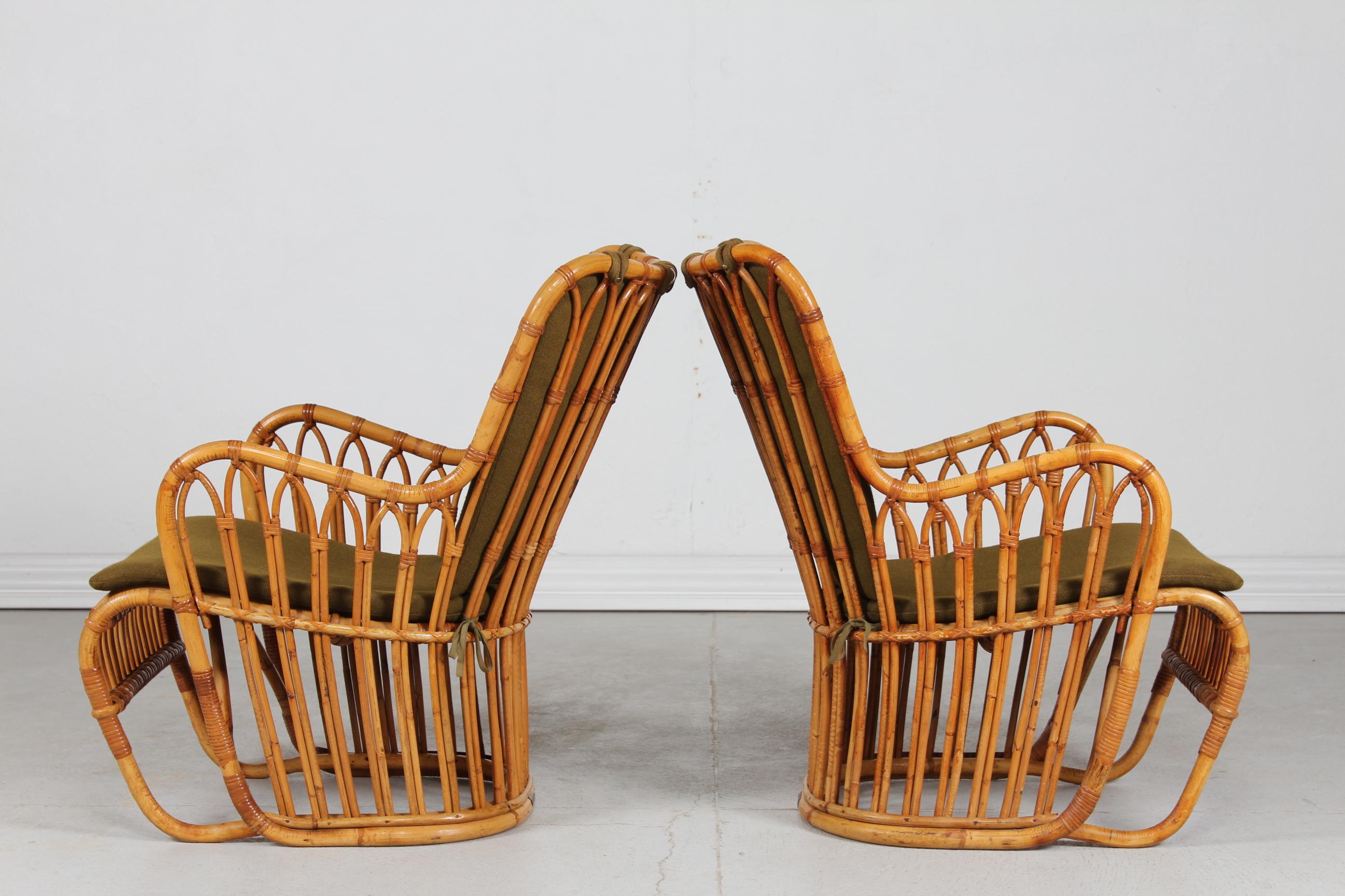 Mid-Century Modern Tove Kindt-Larsen Paire de chaises longues en bambou R. Wengler Danemark Lancé en 1937 en vente