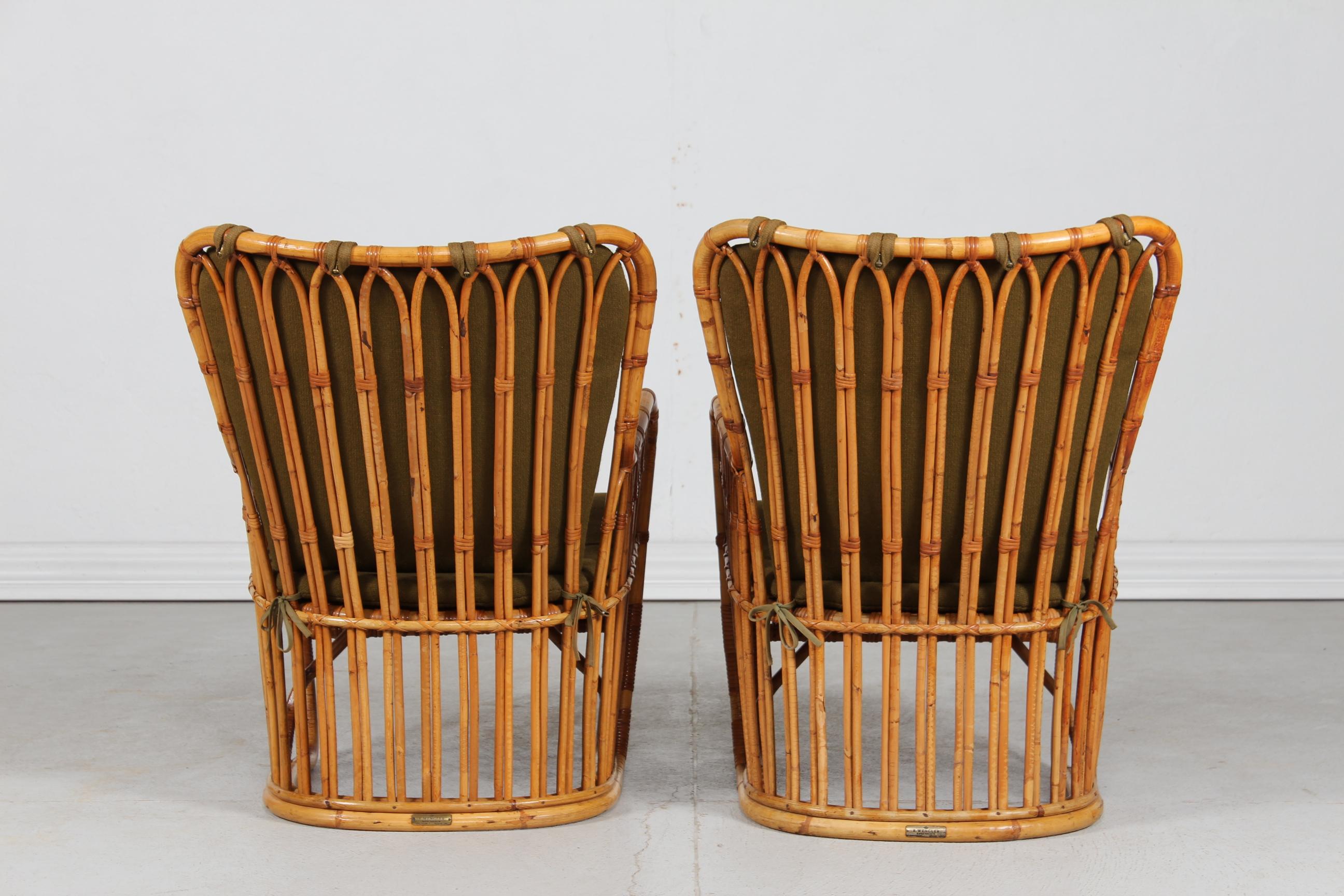 Danish Tove Kindt-Larsen Pair R. Wengler Bamboo Lounge Chairs Denmark Launched 1937 For Sale