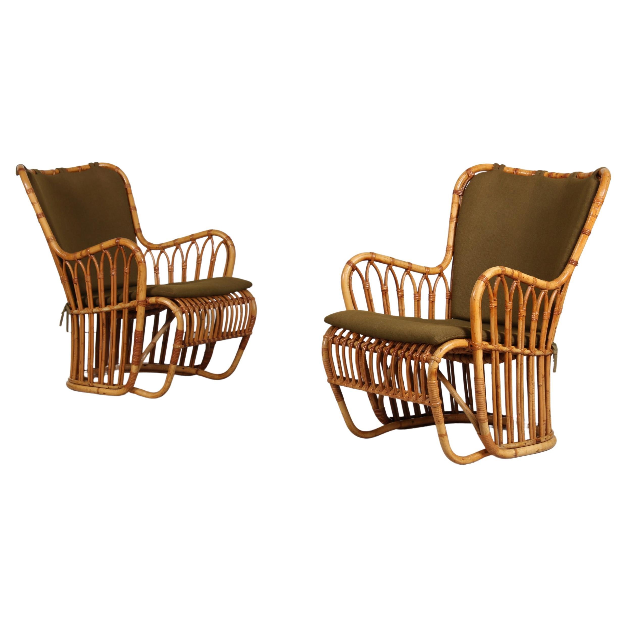 Tove Kindt-Larsen Pair R. Wengler Bamboo Lounge Chairs Denmark Launched 1937 In Good Condition For Sale In Aarhus C, DK