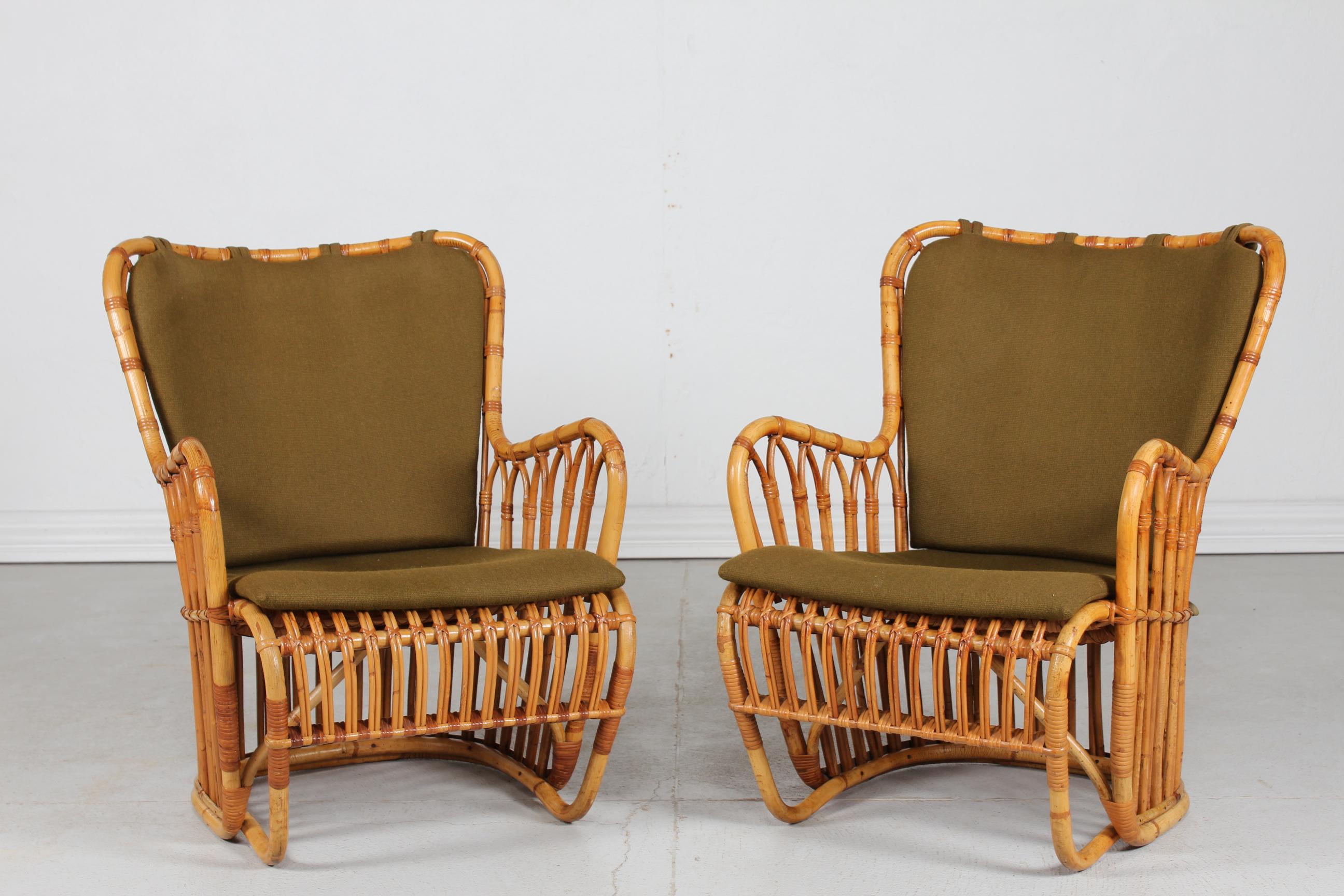 Mid-20th Century Tove Kindt-Larsen Pair R. Wengler Bamboo Lounge Chairs Denmark Launched 1937 For Sale