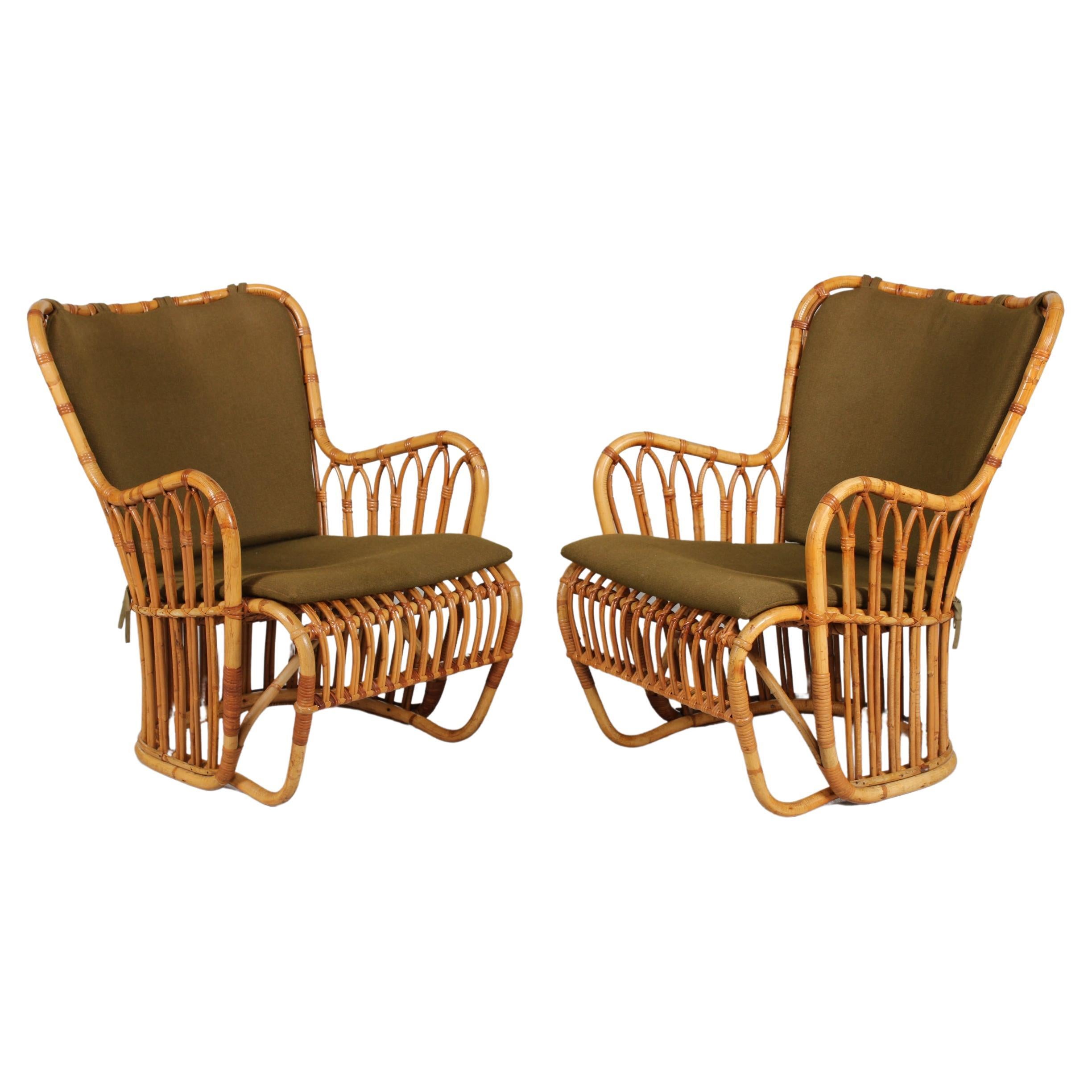 Tove Kindt-Larsen Pair R. Wengler Bamboo Lounge Chairs Denmark Launched 1937 For Sale