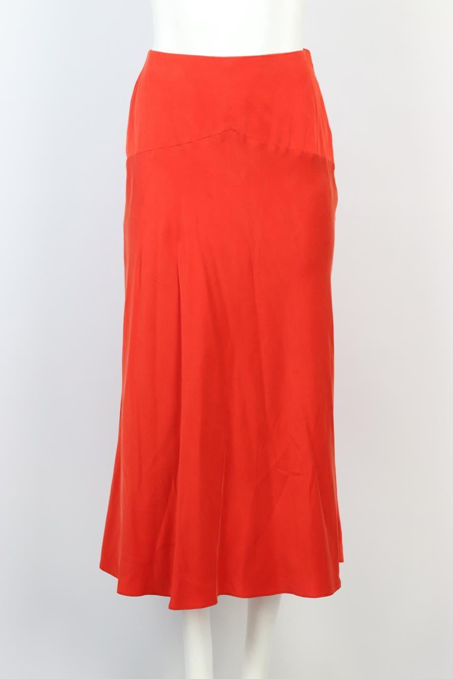 TOVE silk midi skirt. Orange. Zip fastening at side. 100% Silk; lining: 100% viscose. Size: US 4 (UK 8, FR 36, IT 40). Waist: 26 in. Hips: 44 in. Length: 34 in.. Very good condition - Light marks on front; see pictures.