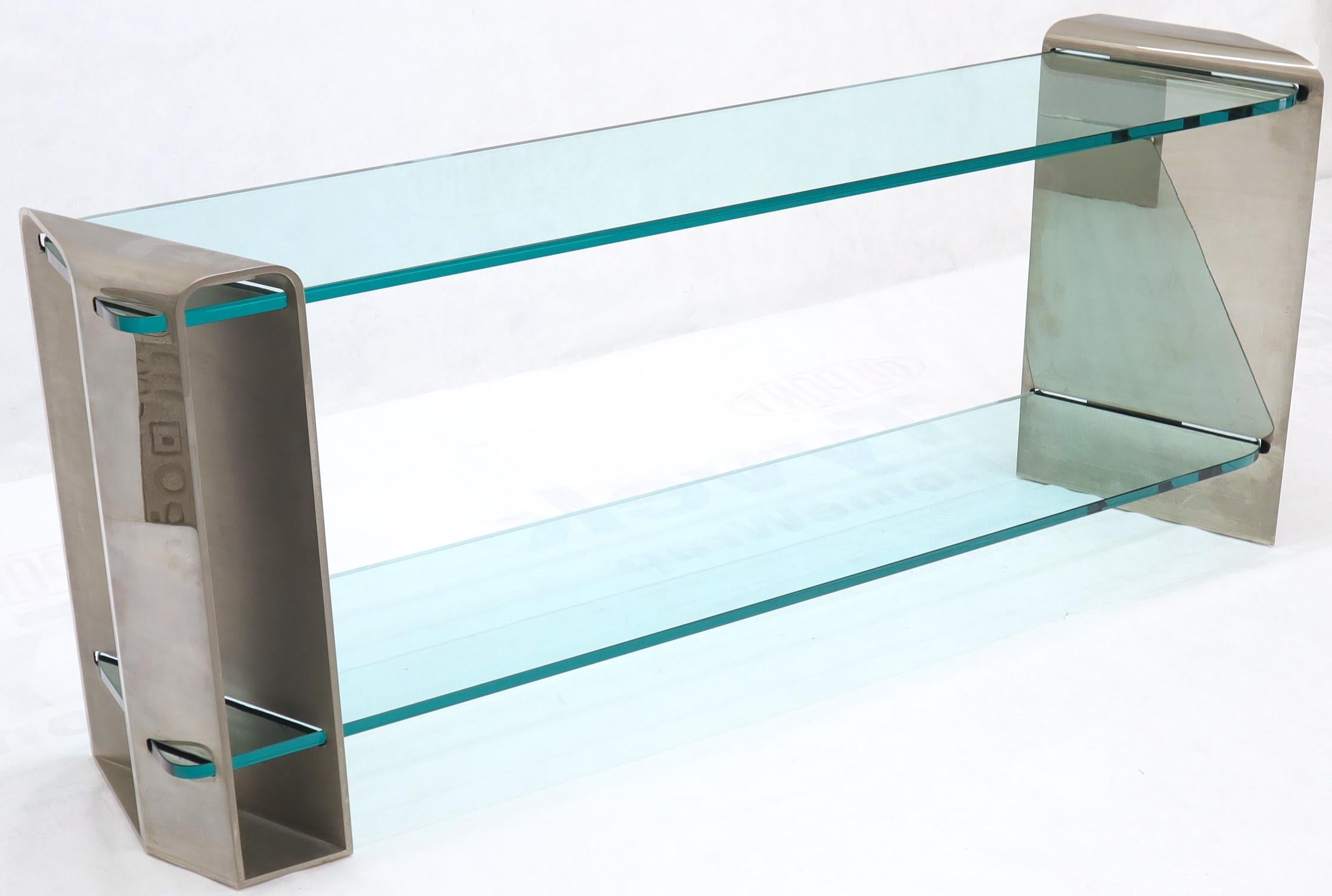 Two Tier Heavy Metal Stainless Steel Base Glass Top Console Table In Excellent Condition In Rockaway, NJ