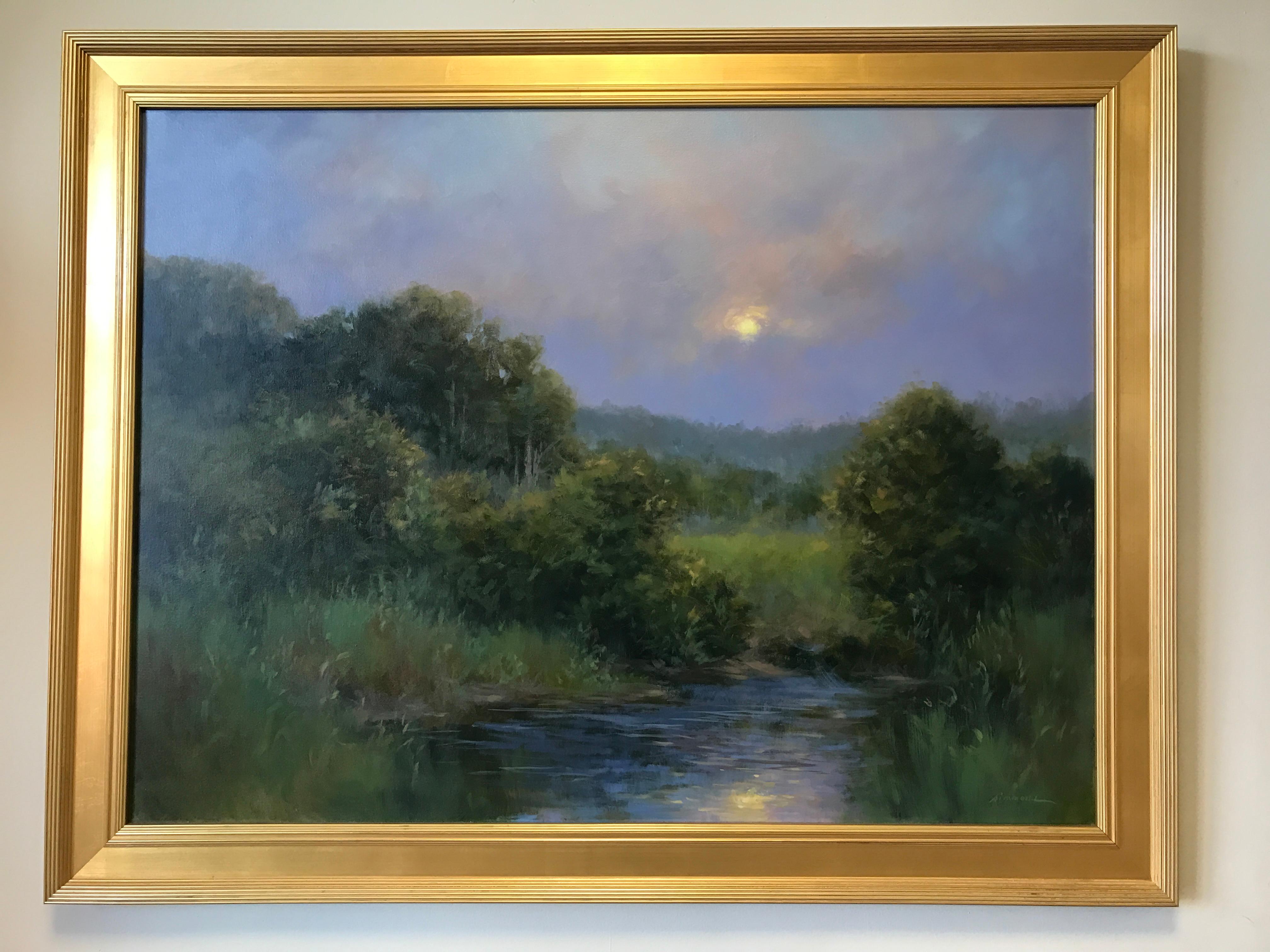 This large oil on canvas is a stunning visual interpretation of a New England sunset painted by Katherine Simmons. Signed lower right and framed in a gold gilt frame. Painting measures 30 x 40 inches. Overall dimensions are 35.5 x 45.5 inches.