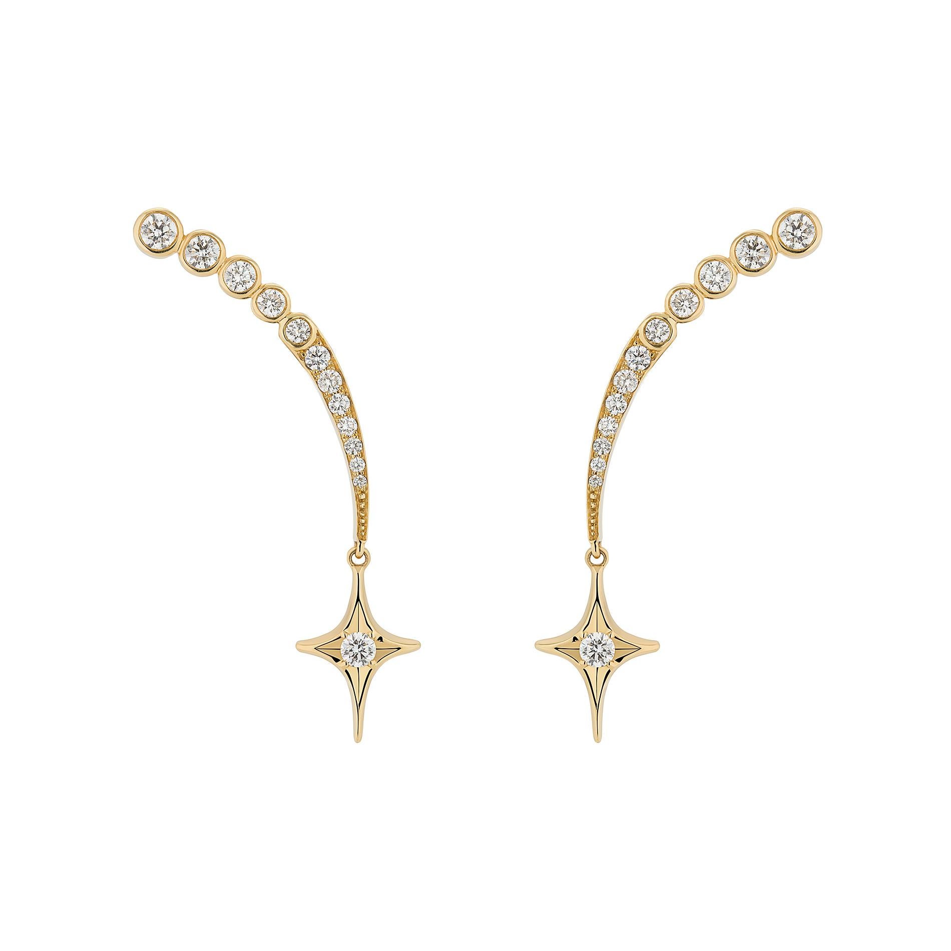 Towards the Stars Collection
Add a touch of celestial charm to your jewelry collection with these exquisite yellow gold earrings, adorned with shimmering white diamonds. Each earring features a delicately crafted star design that dances with your