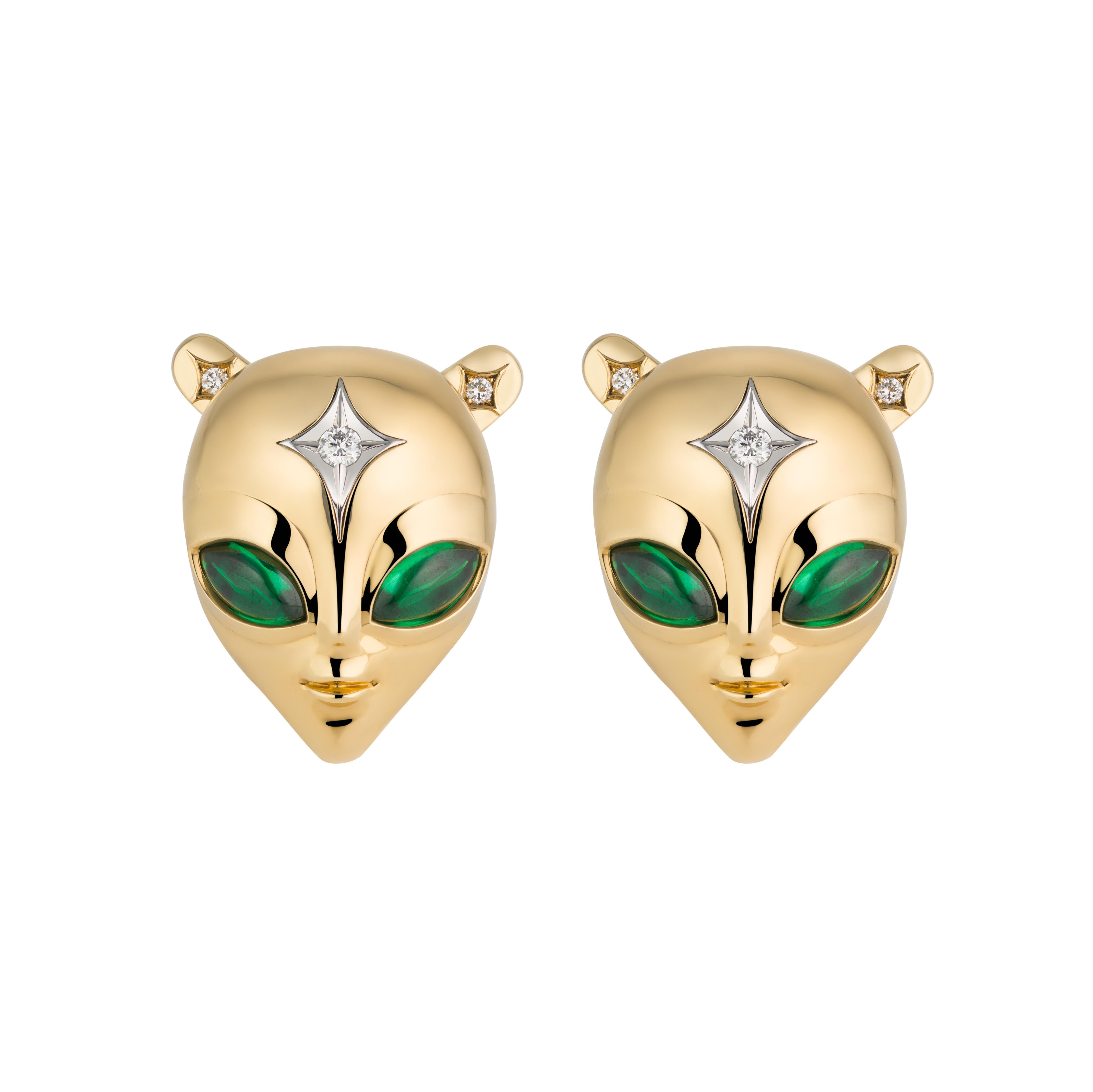 Towards the Stars Collection
These enchanting She's an Alien earrings are a delightful blend of artistry and elegance. Crafted in lustrous yellow gold, they showcase a whimsical alien lady adorned with vibrant green emeralds eyes, each reflecting a
