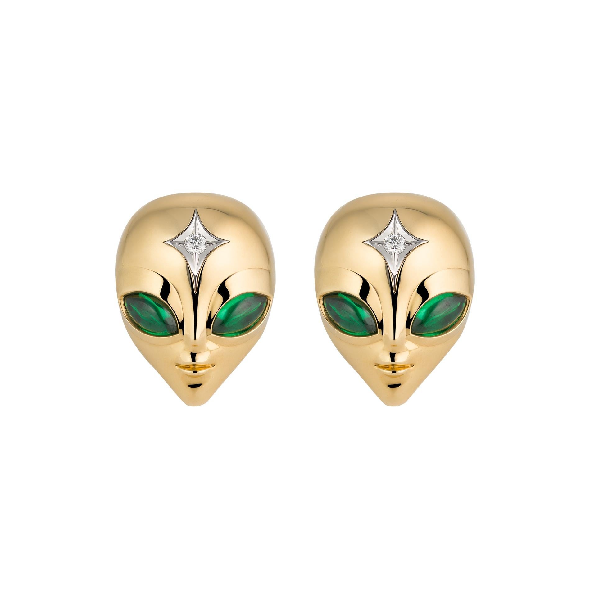 Towards the Stars Collection
These enchanting She's an Alien earrings are a delightful blend of artistry and elegance. Crafted in lustrous yellow gold, they showcase a whimsical alien lady adorned with vibrant green emeralds eyes, each reflecting a