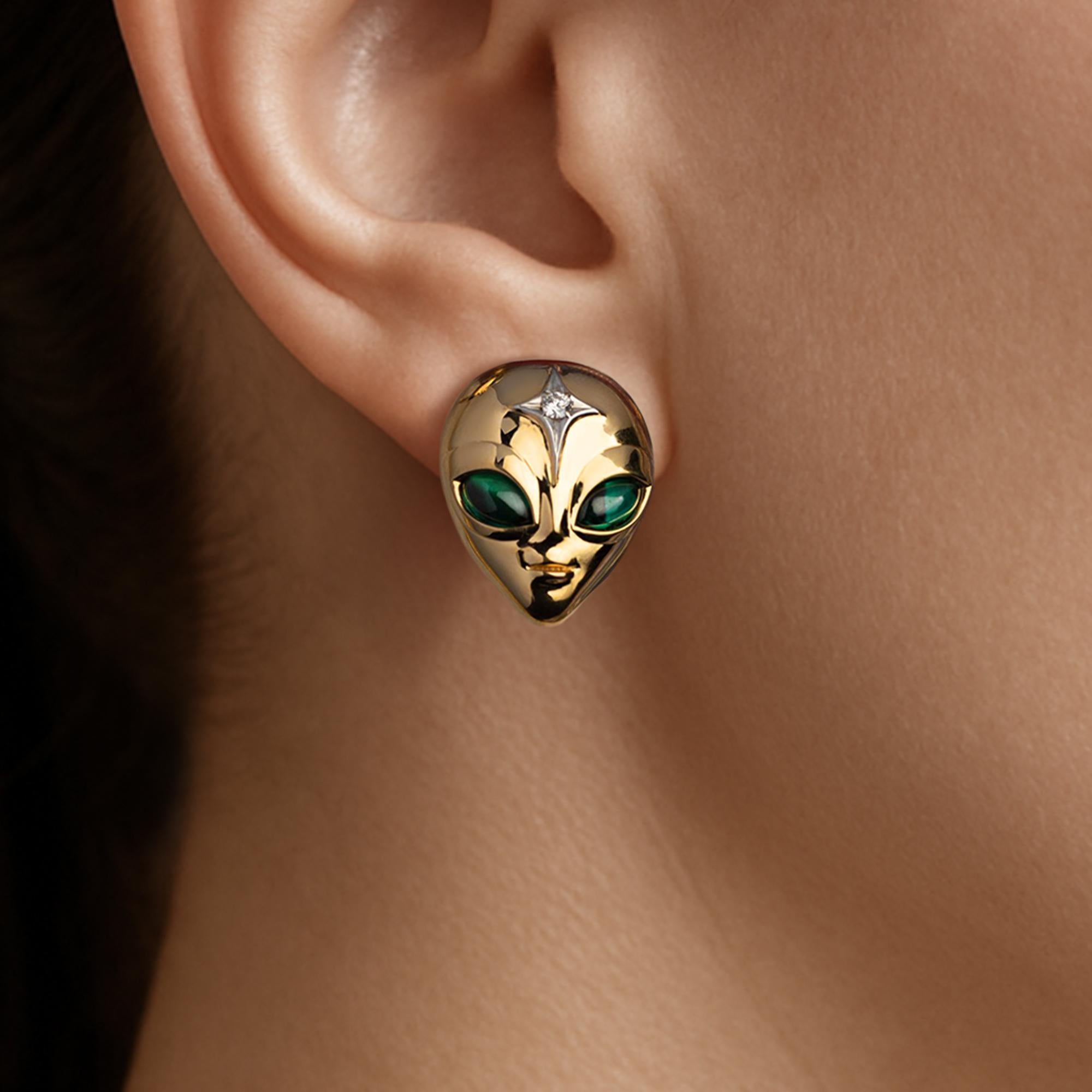 Contemporary She’s an Alien Earrings in 18ct Yellow Gold with Emeralds & Diamond Star For Sale