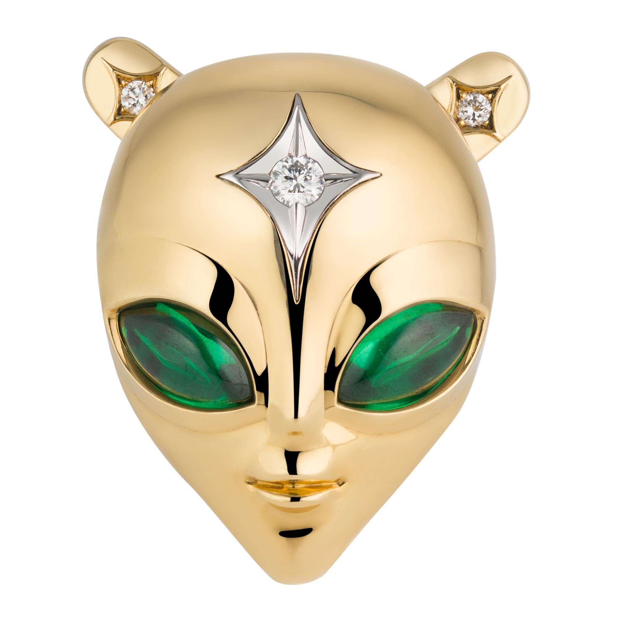 Women's or Men's She’s an Alien Earrings in 18ct Yellow Gold with Emeralds & Diamond Star For Sale