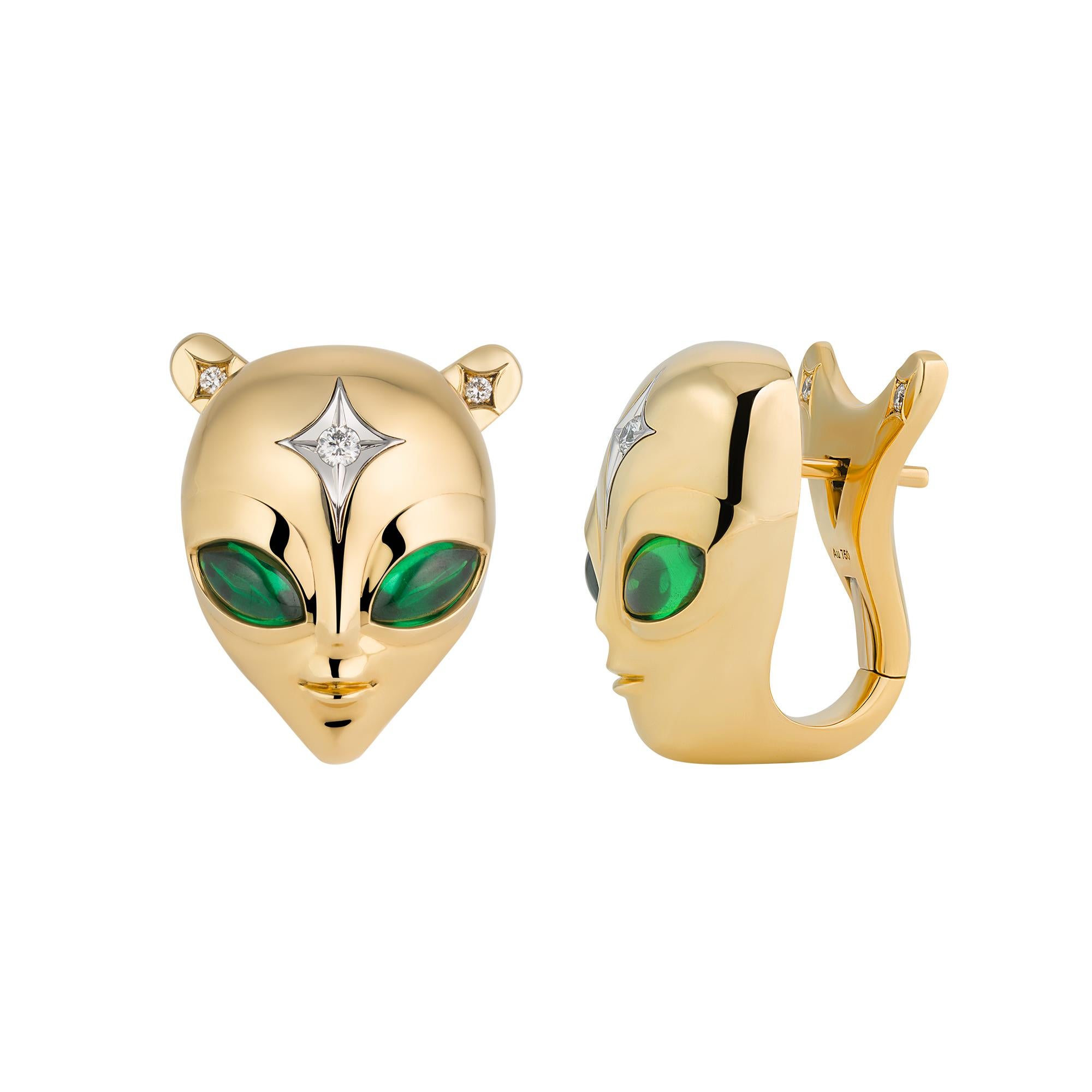 She’s an Alien Earrings in 18ct Yellow Gold with Emeralds & Diamond Star For Sale 1