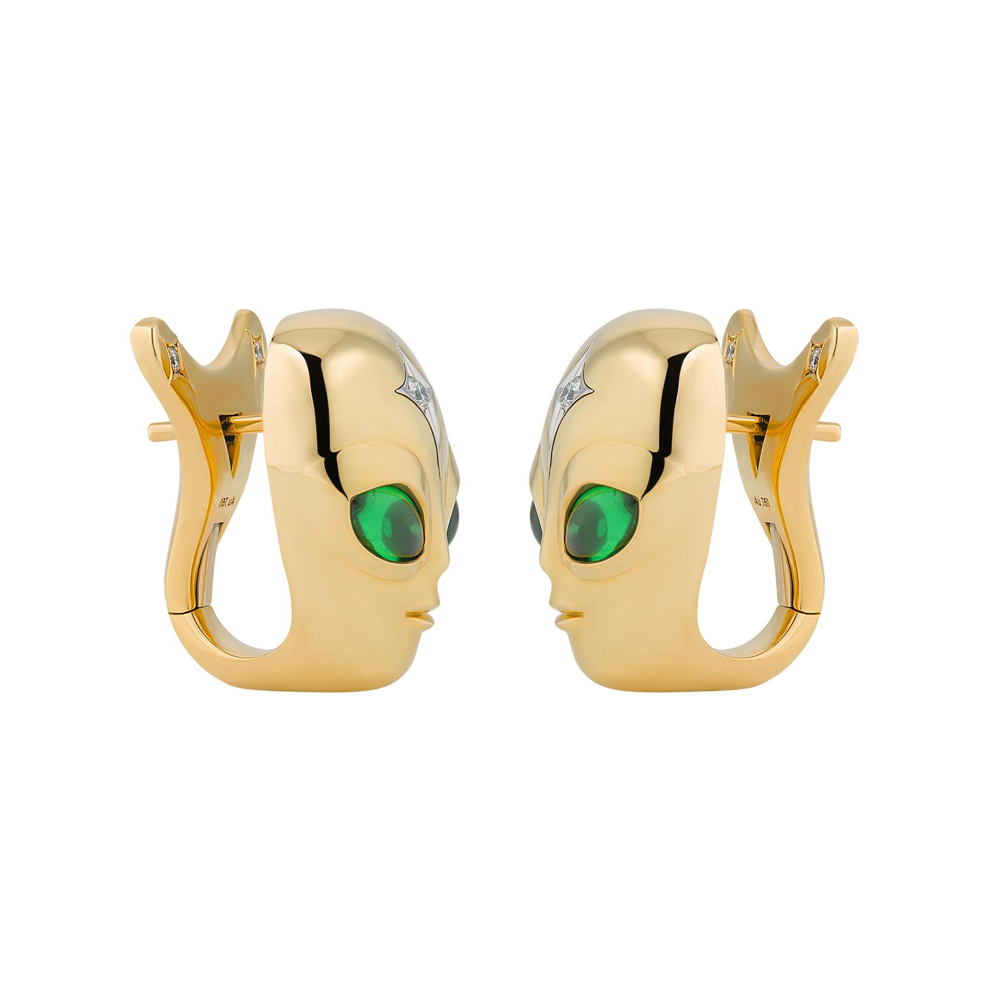 She’s an Alien Earrings in 18ct Yellow Gold with Emeralds & Diamond Star For Sale 2