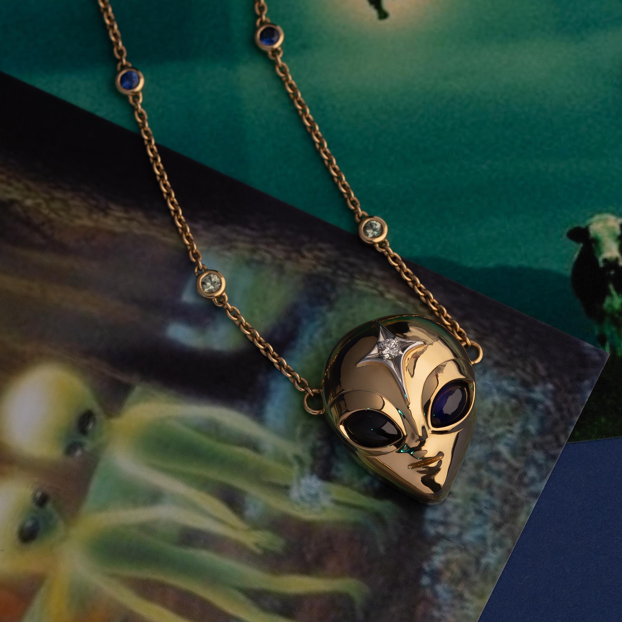 Contemporary She’s an Alien Necklace in 18ct Yellow Gold with Sapphires & Diamond Star For Sale