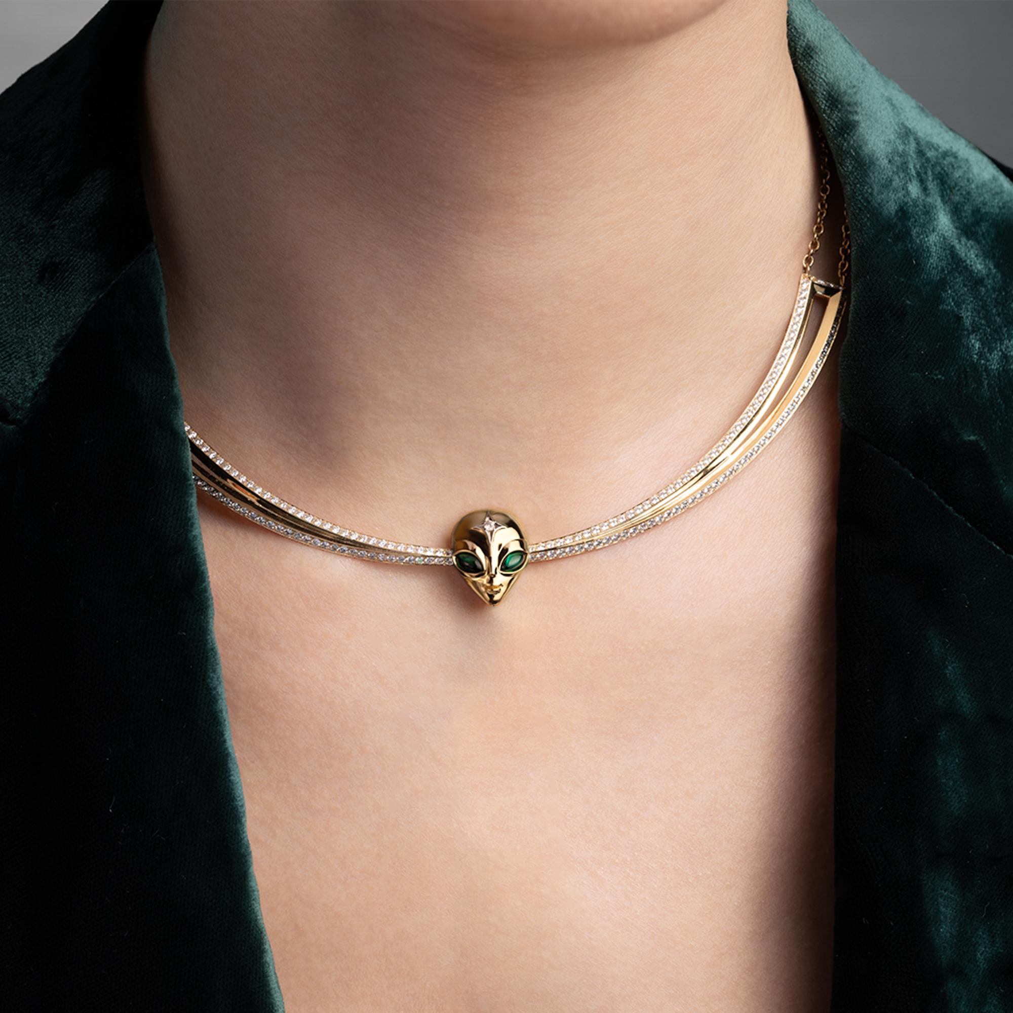 Contemporary She’s an Alien Necklace in 18ct Yellow Gold with Diamonds & Sapphires For Sale