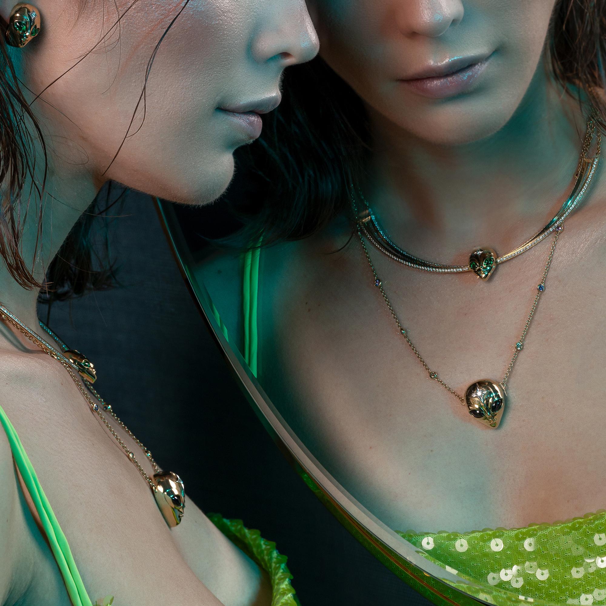 Round Cut She’s an Alien Necklace in 18ct Yellow Gold with Sapphires & Diamond Star For Sale