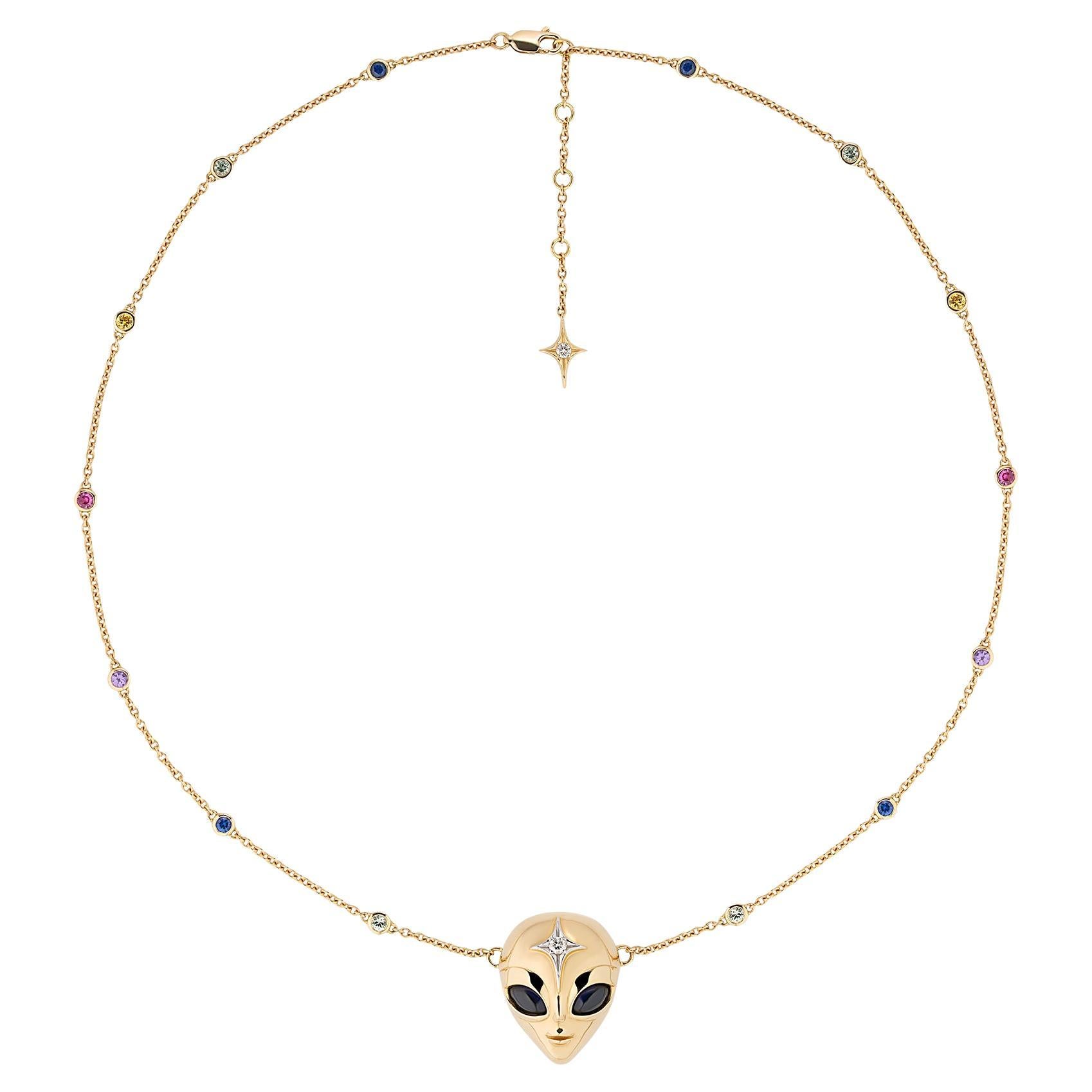 She’s an Alien Necklace in 18ct Yellow Gold with Sapphires & Diamond Star For Sale