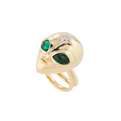 Alien Ring in 18ct Yellow Gold with Emerald Eyes & Diamonds Towards the Stars
