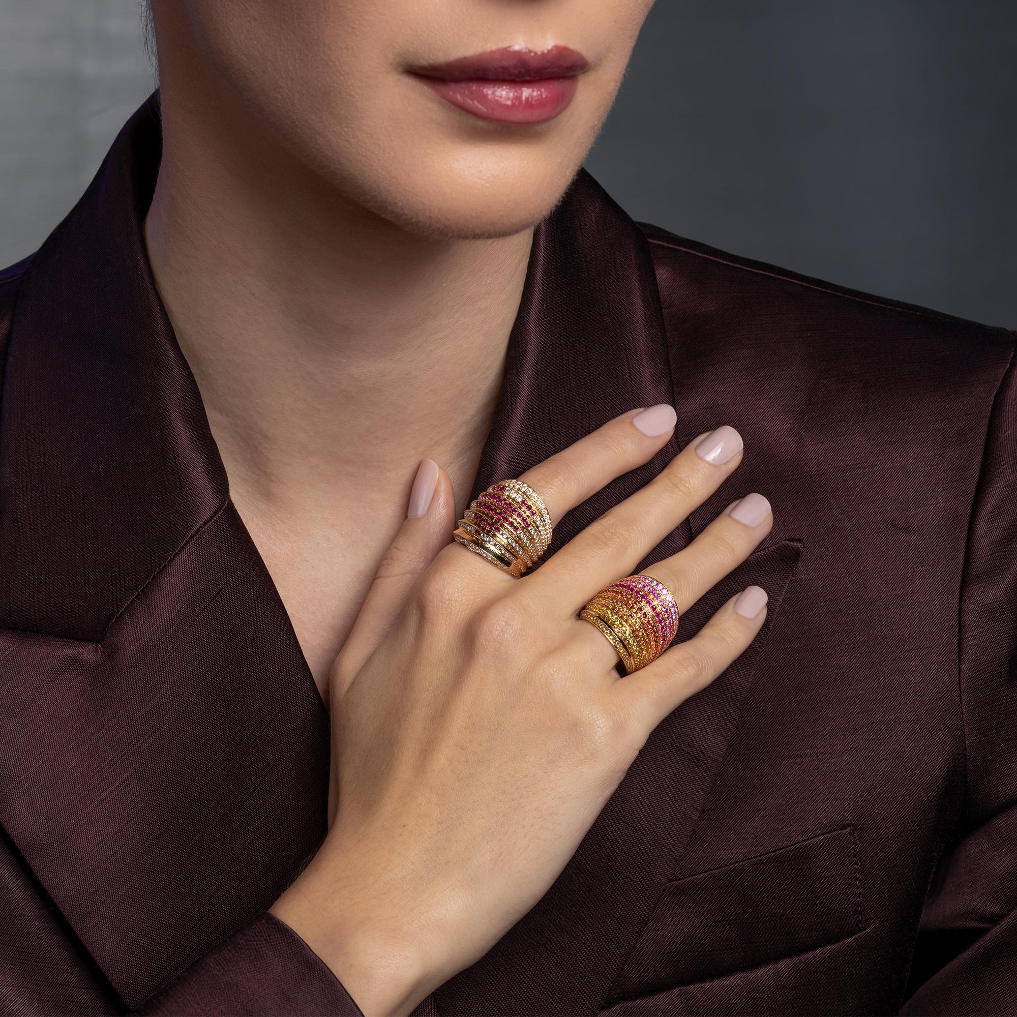 Contemporary Sunlight Ring in 18ct Yellow Gold with Sapphires & Rubies Sybarite For Sale