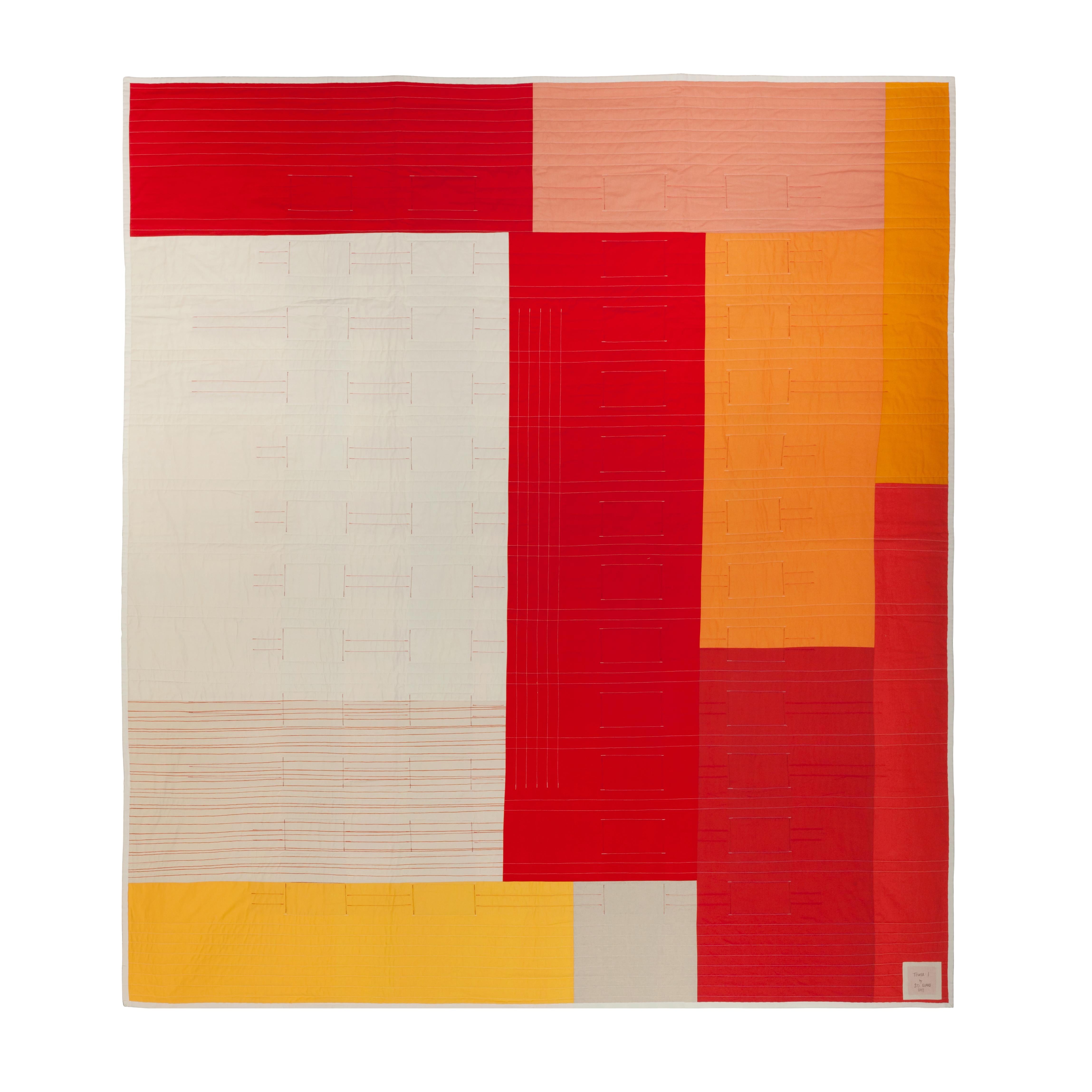 “Tower: 1 (Rage)” is a cotton quilt created to explore color and push the boundaries of traditional patchwork. These quilts use a weaving technique as well as traditional piecing to push the boundaries of quilt making and question the quilt’s form