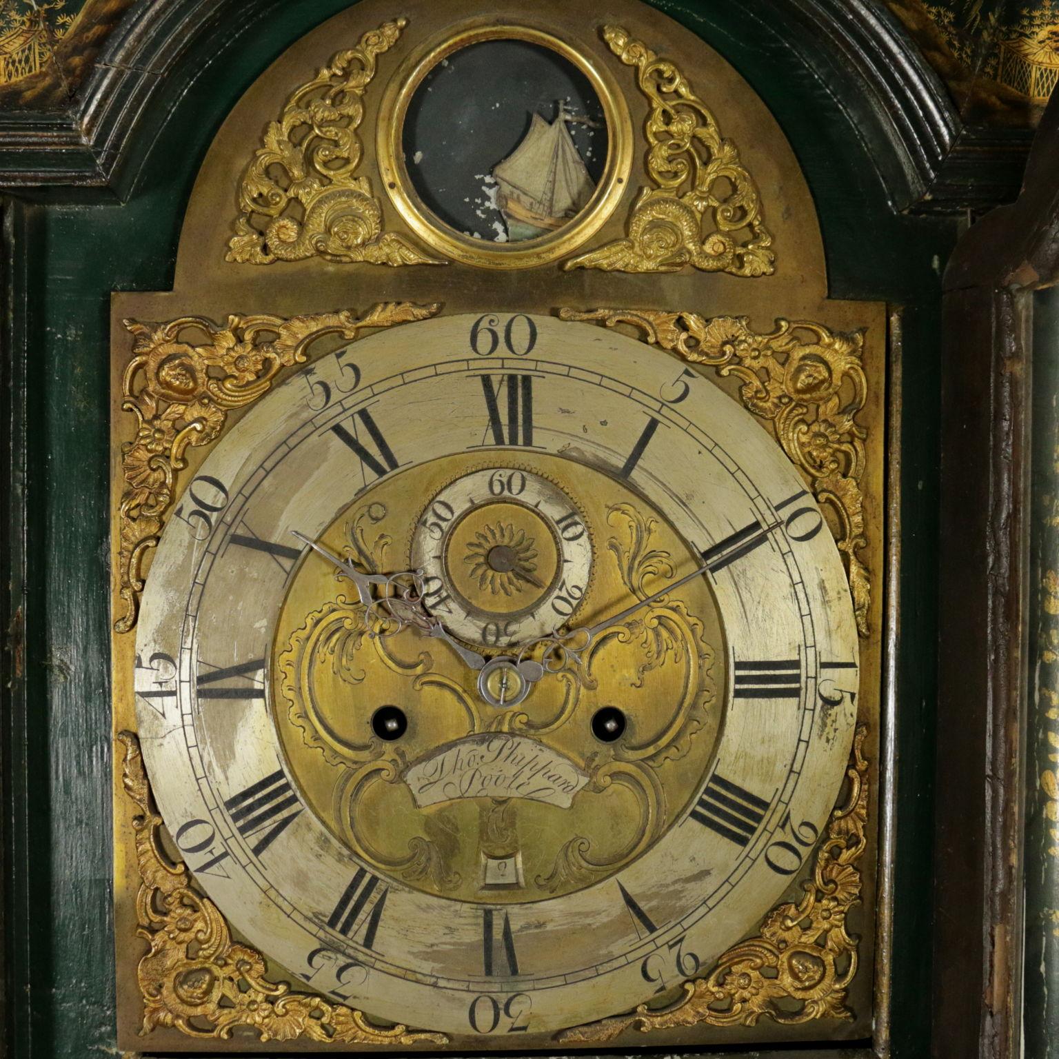 Lacquered Tower Clock, Phippard Jappened Long Case George II Period '1730-1760' For Sale