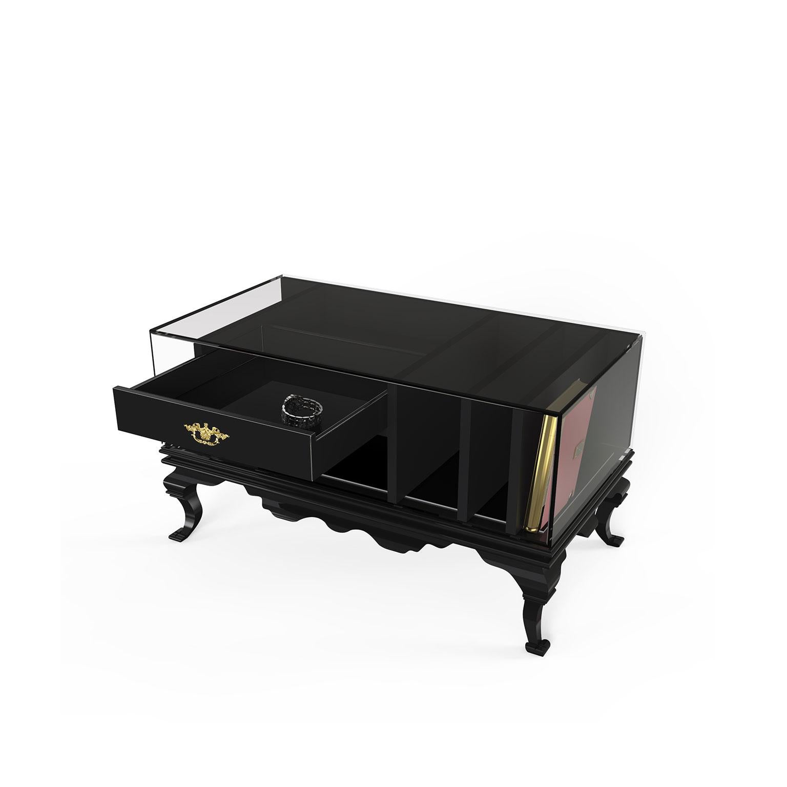 Modern Tower Nightstand in Black Lacquered Wood and Smoked Glass For Sale