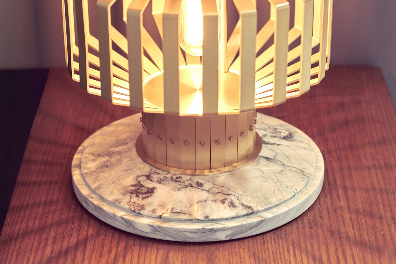 Modern Tower Table, Brushed Brass Table Light with Marble Base For Sale