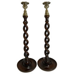 Antique Towering Pair of Solid Oak Open Barley Twist Candlesticks, circa 1900