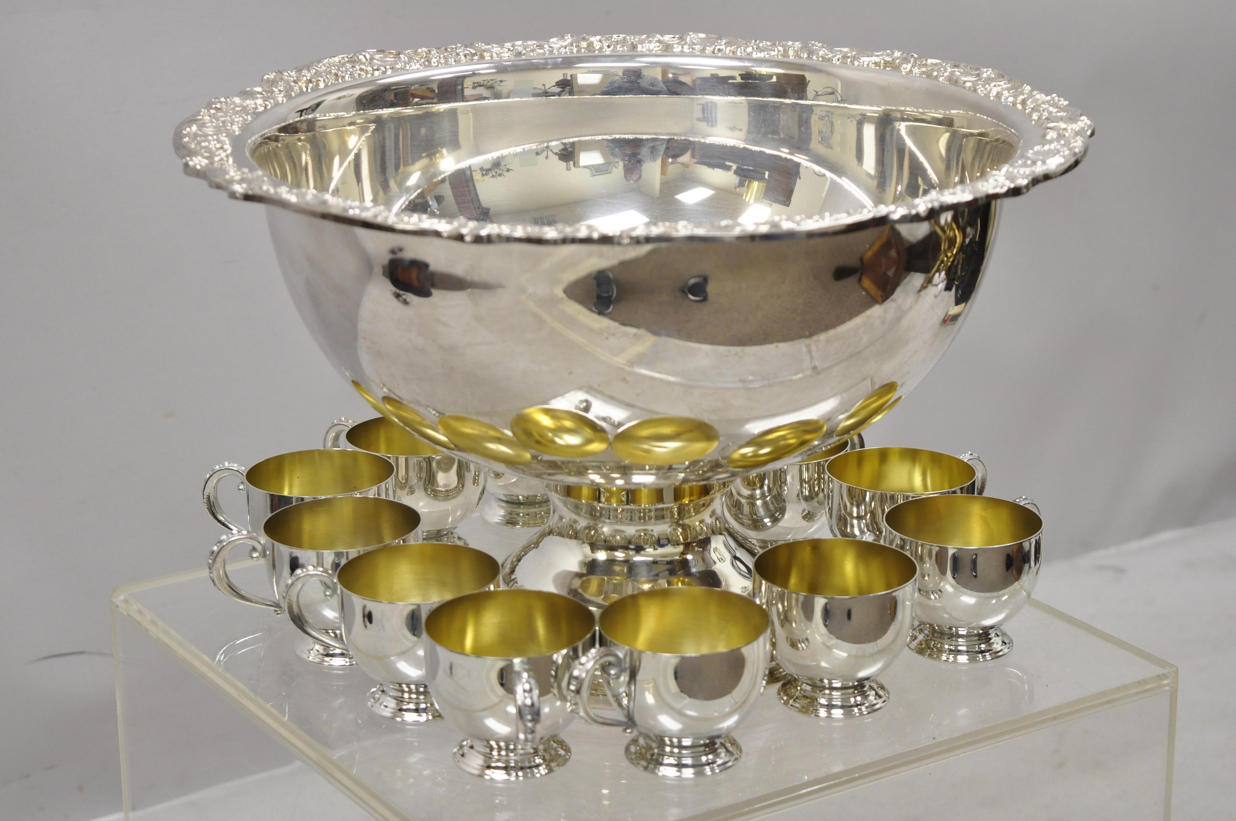 Towle Silver Plated Punch Bowl Set Flower Shell Rim with 12 Cups 4