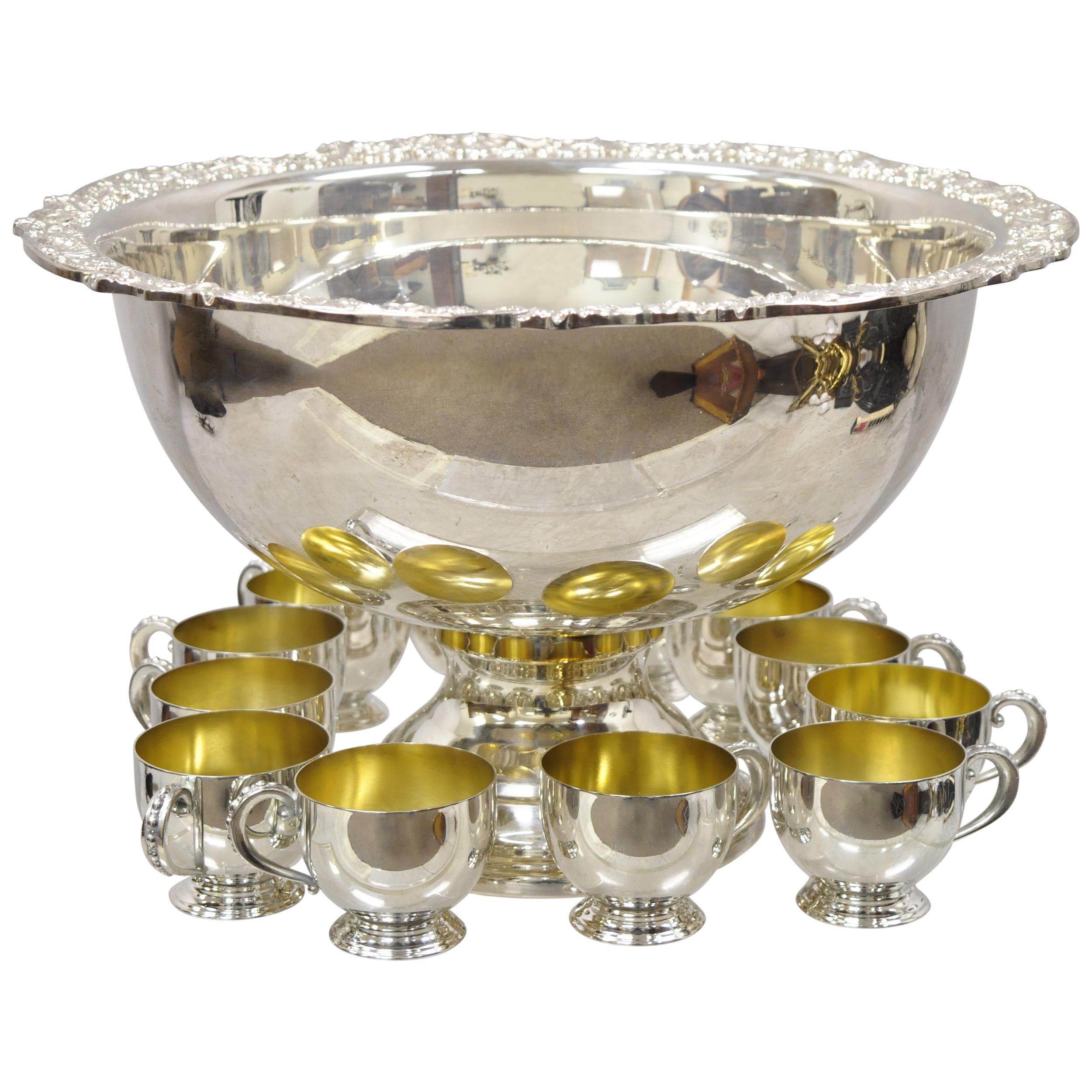 Towle Silver Plated Punch Bowl Set Flower Shell Rim with 12 Cups