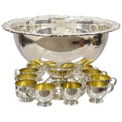 Retro Towle Silver Plated Punch Bowl Set Flower Shell Rim with 12 Cups